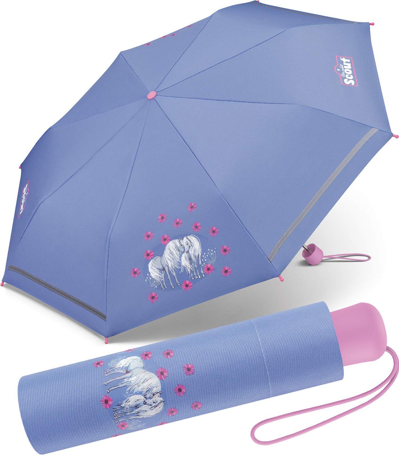 Scout Taschenregenschirm Amici - Mini Kinderschirm, leicht, reflektierend  und bedruckt, Regenschirm für Kinder der Marke Scout, Typ Taschenschirm mit