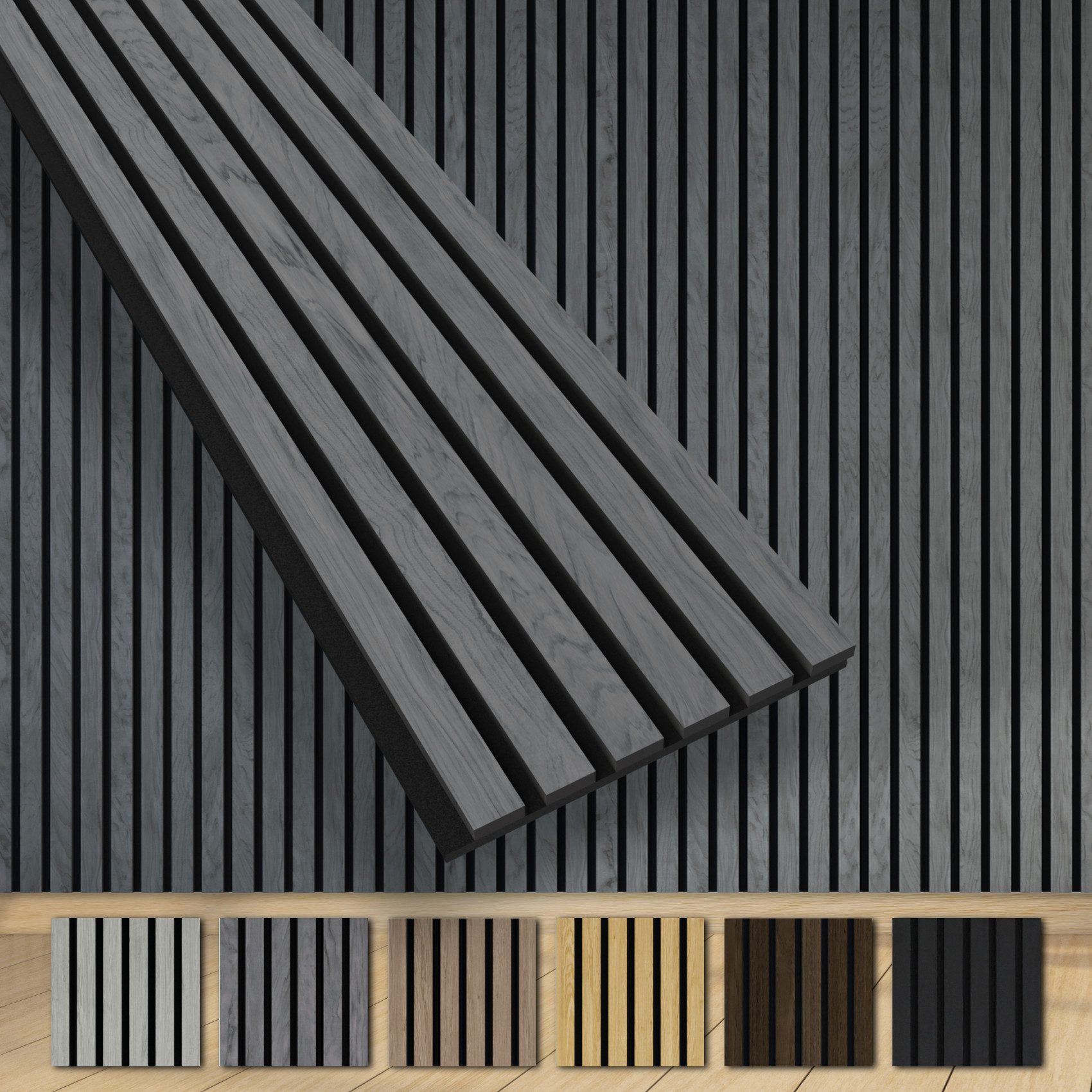 Hexim Wandpaneel, (Akustikpaneele 2 Stück 280x30cm Holz Grande - XXL Holzpaneele Platten Lamellen Wandverkleidung Echtholzfurnier 21mm Filz Schalldämmung MDF Grau 1,69m² Grey Ash)