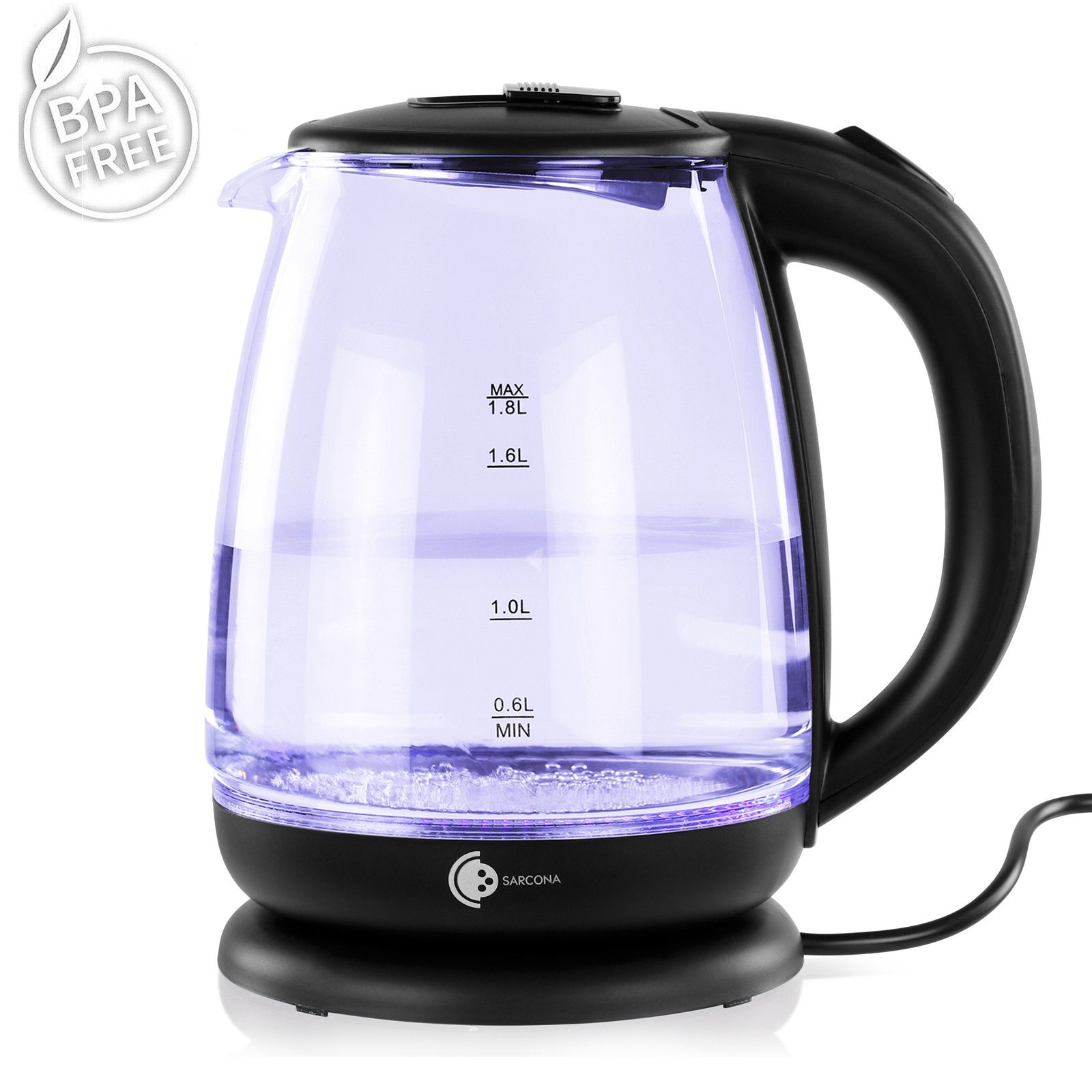 Wasserkocher Wasserkocher Schwarz Glas LED Beleuchtung 1,8l 1800W WK10888
