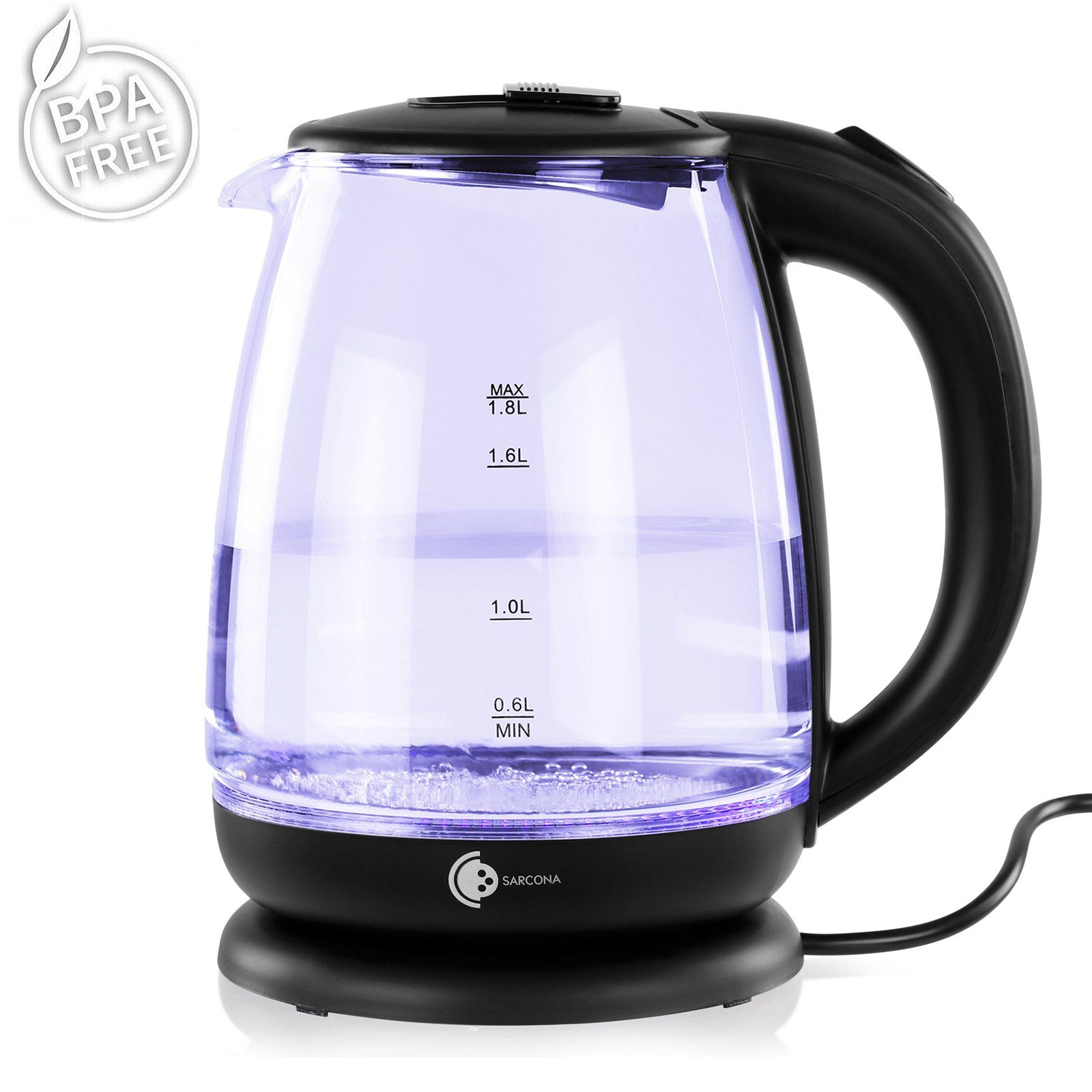 Sarcona Wasserkocher Wasserkocher 1800W Fassungsvermögen Liter 1,8 W, Glas, 1,8l WK10888, Beleuchtung Schwarz 1800,00 LED Glas