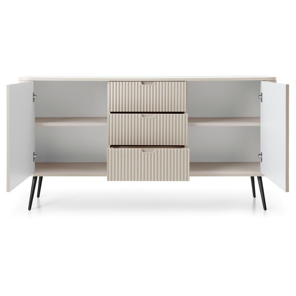 Lomadox Sideboard ZARA-160, in Kaschmir beige Rillen gerillt Metallfüße schwarz 168x87x39 cm