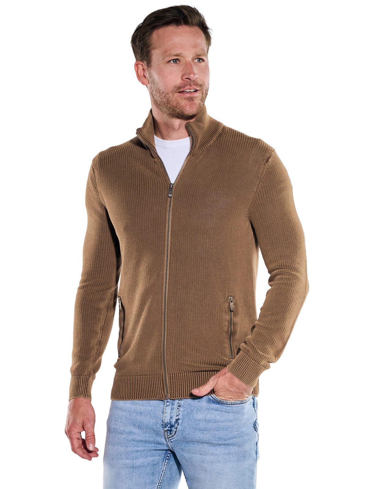 Engbers Cardigan Herren Cardigan mit Zipper und Stehkragen, Cognac