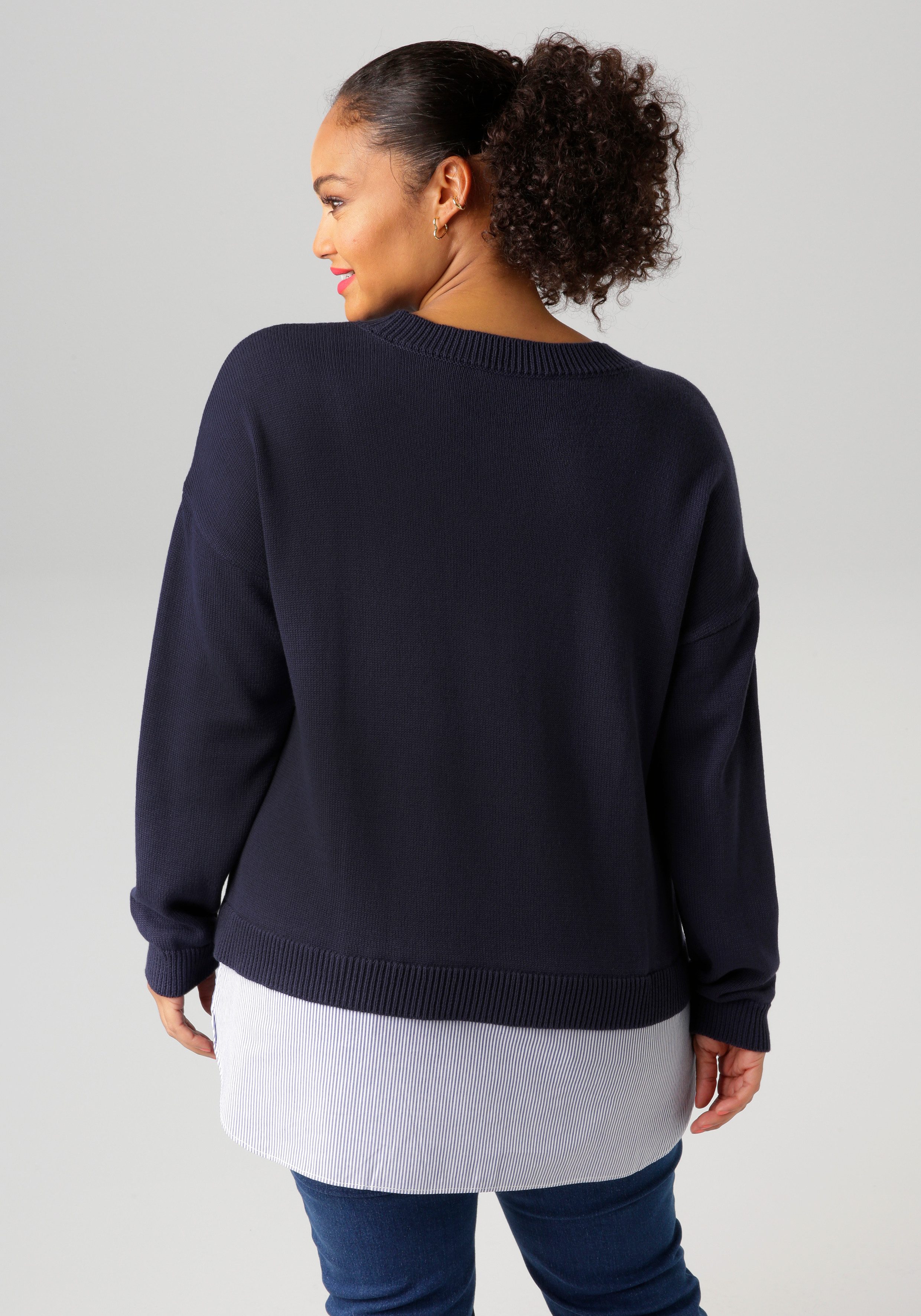 Aniston PLUS Strickpullover mit gestreiftem Bluseneinsatz günstig online kaufen