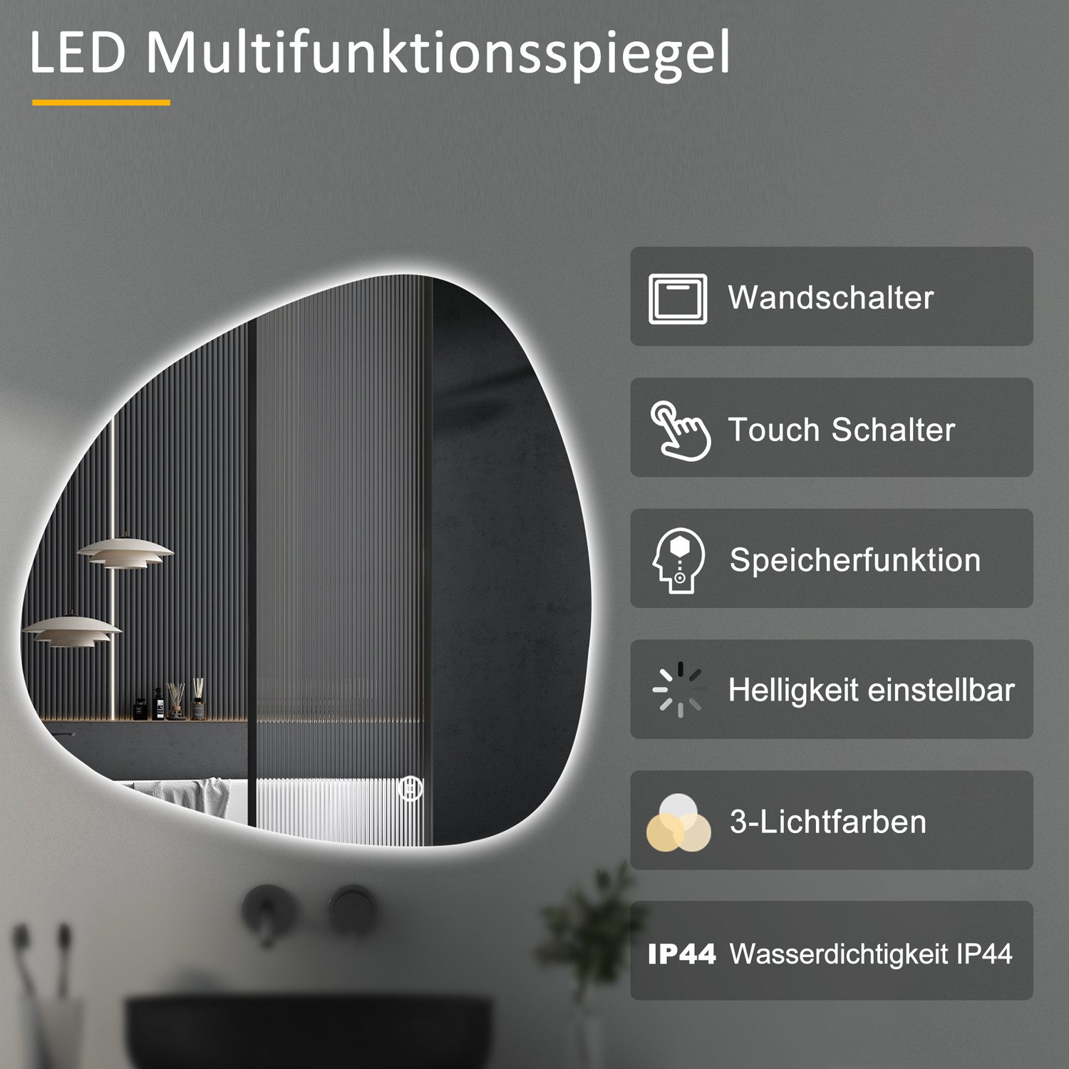 WDWRITTI Badspiegel LED Badezimmerspigel mit Beleuchtung Kalt/Neutral/Warmw günstig online kaufen