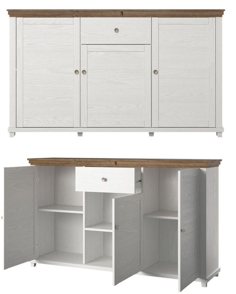 Helvetia Sideboard Elda (Evora, 1 St., 1-teilig), 160cm pinie weiß / Eiche Ribbek 3-türig mit 1 Schublade