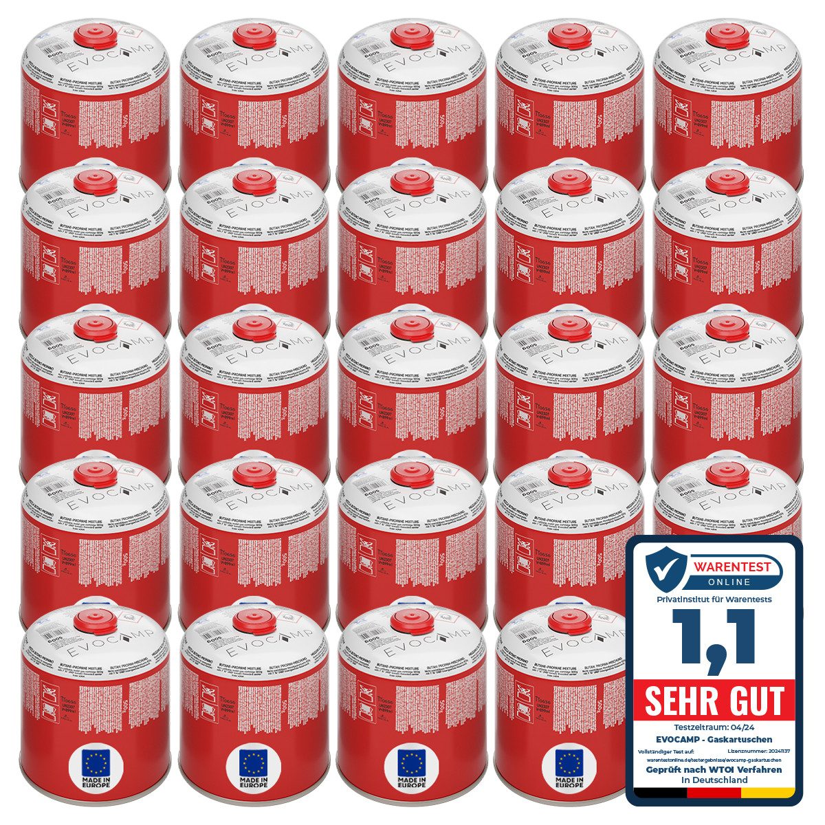 EVOCAMP Gaskartusche 24x Butangas Kartuschen 500g, Schraubkartusche mit Butan/ Propan Gas, 24 St.