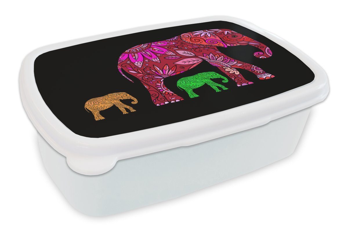 MuchoWow Lunchbox Elefanten - Muster - Blumen - Pflanzen, Kunststoff, (2-tlg), Brotbox für Kinder und Erwachsene, Brotdose, für Jungs und Mädchen weiß