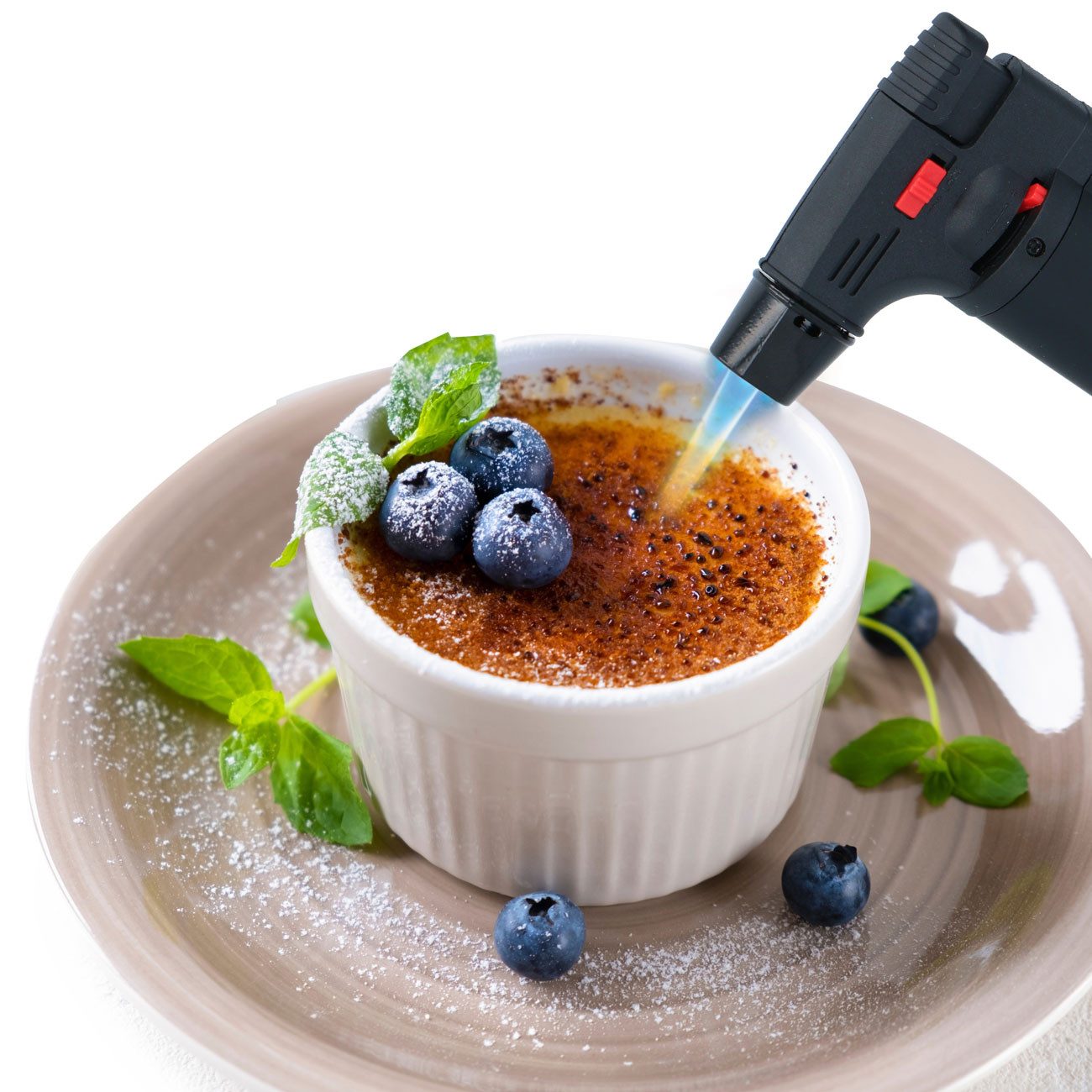 *Alpina* Flambierbrenner Crème Brûlée Brenner Nachfüllbarer Flambierbrenner mit Standfuß, (1-tlg., 1er-Set & 2er-Set), Gasbrenner mit Kindersicherung, Standfuß & regulierbarer Flamme