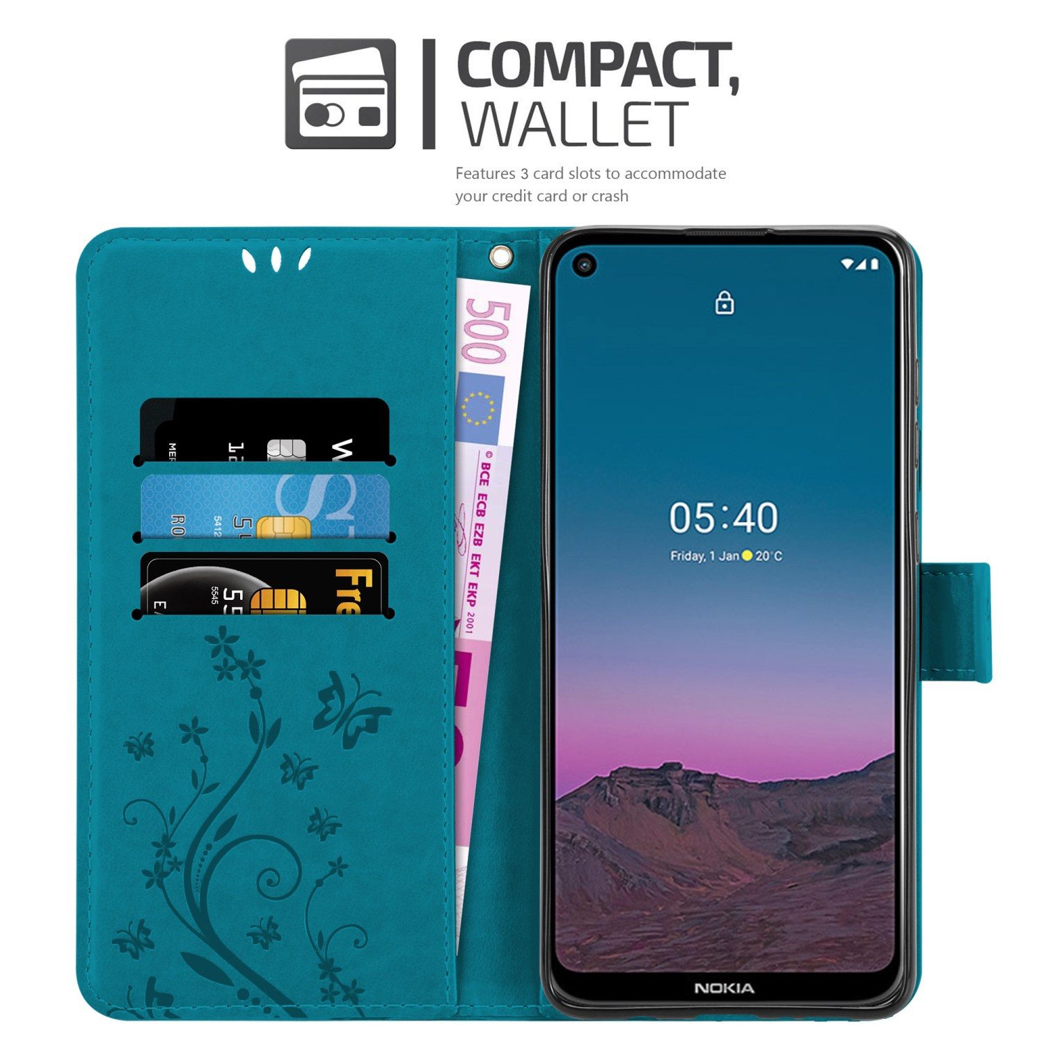 Cadorabo Handyhülle für Nokia 5.4 Hülle Nokia 5.4, Hülle Schutzhülle Blumen Flower mit Standfunktion Kartenfach Magnet