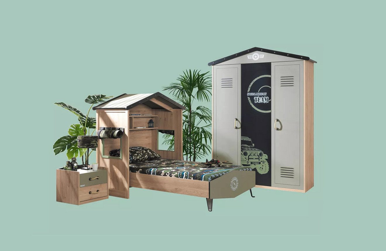 Möbel-Zeit Jugendzimmer-Set Kinderzimmer Set "Camp" – Das Abenteuer beginnt im Kinderzimmer, (1 x Kinderbett, 1 x Kleiderschrank, 1 x Nachtkommode)