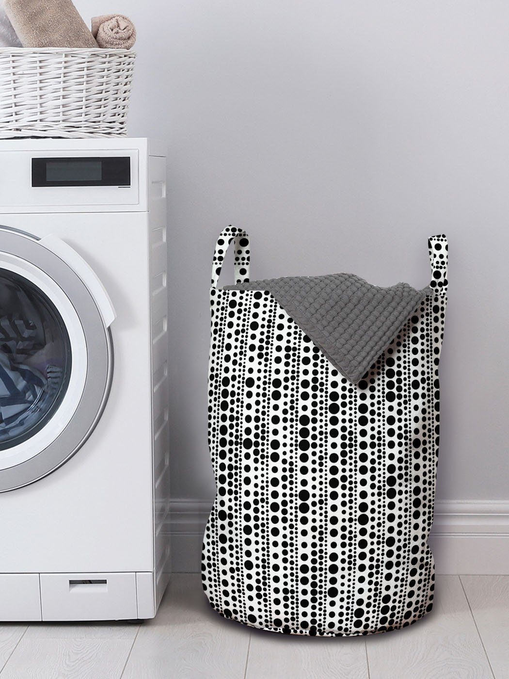 Wäschekorb mit Griffen für Kunst zeitgenössisch Waschsalons, Kordelzugverschluss Wäschesäckchen Monochrome Runde Abakuhaus