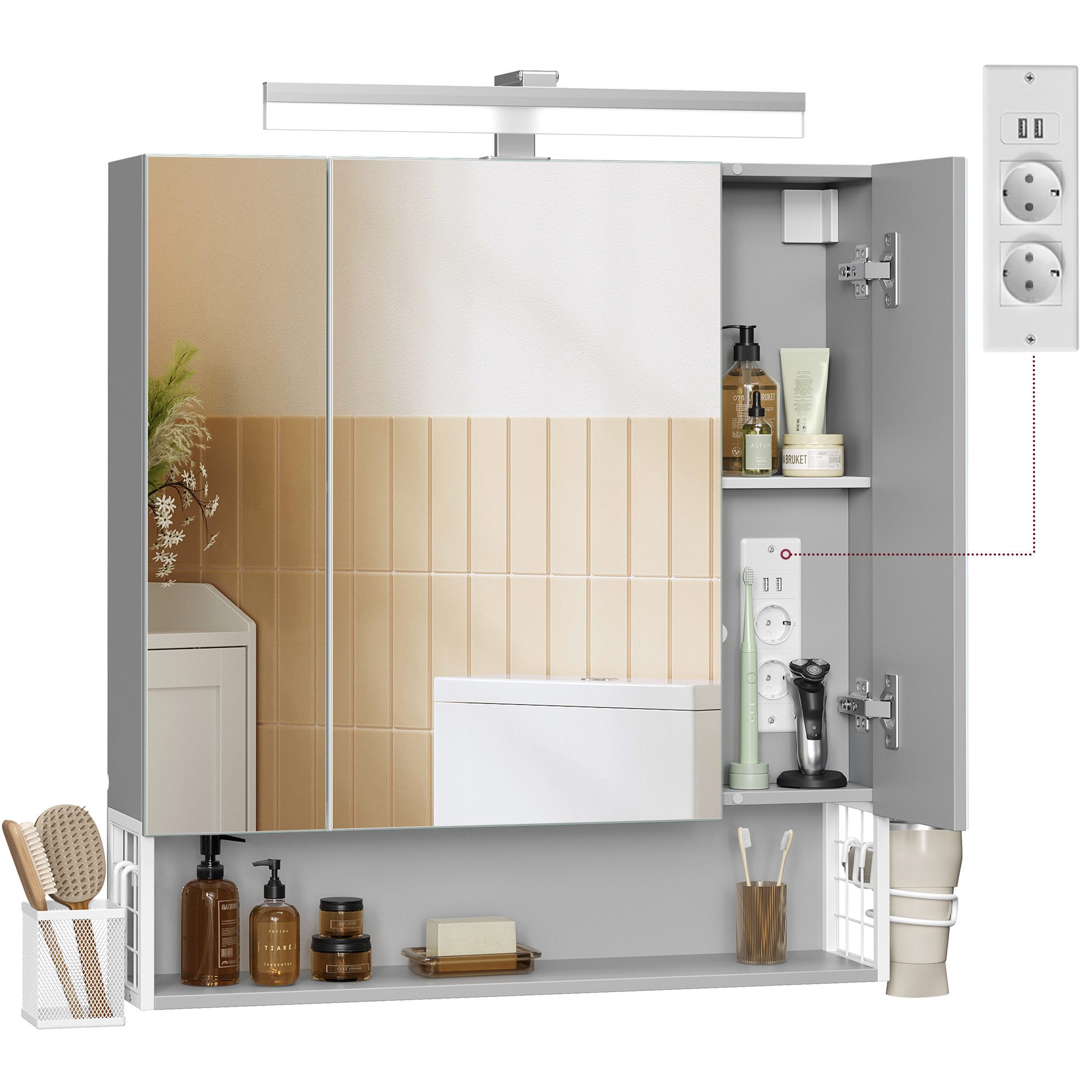 VASAGLE Spiegelschrank Hängekorb, 3 Spiegeltüren 70 x 16,5 x 75 cm, Bad mit Beleuchtung, Stecker, Haartrockner-Halter