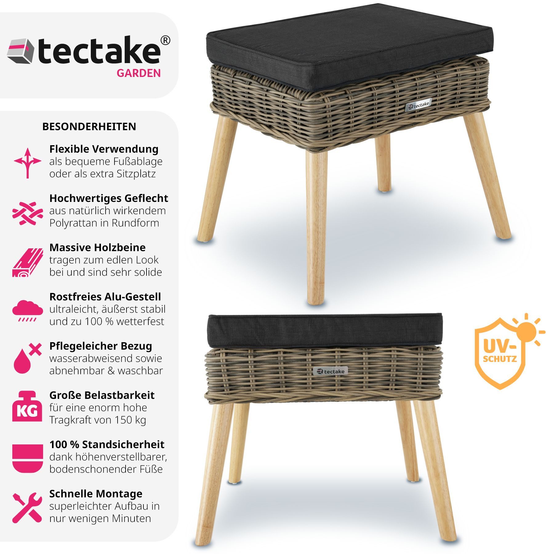 tectake Fußhocker Rattan-Fußbank, natürlich nachempfundenes Geflecht günstig online kaufen