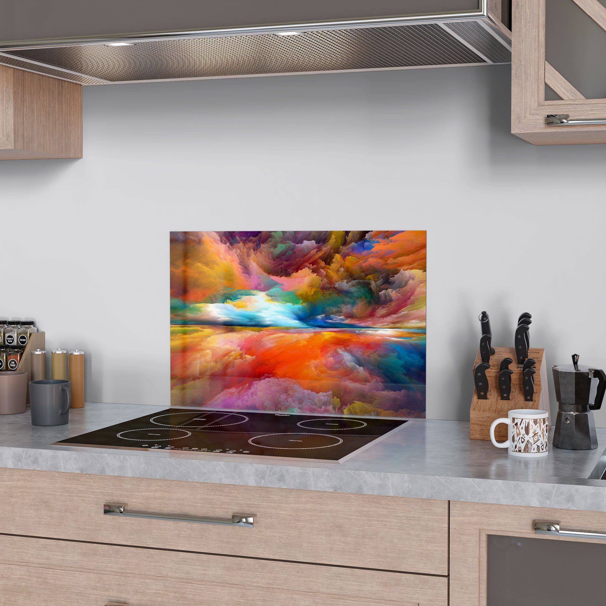 DEQORI Küchenrückwand 'Gespiegelte Glas Herdblende Badrückwand Spritzschutz Farbwolken'