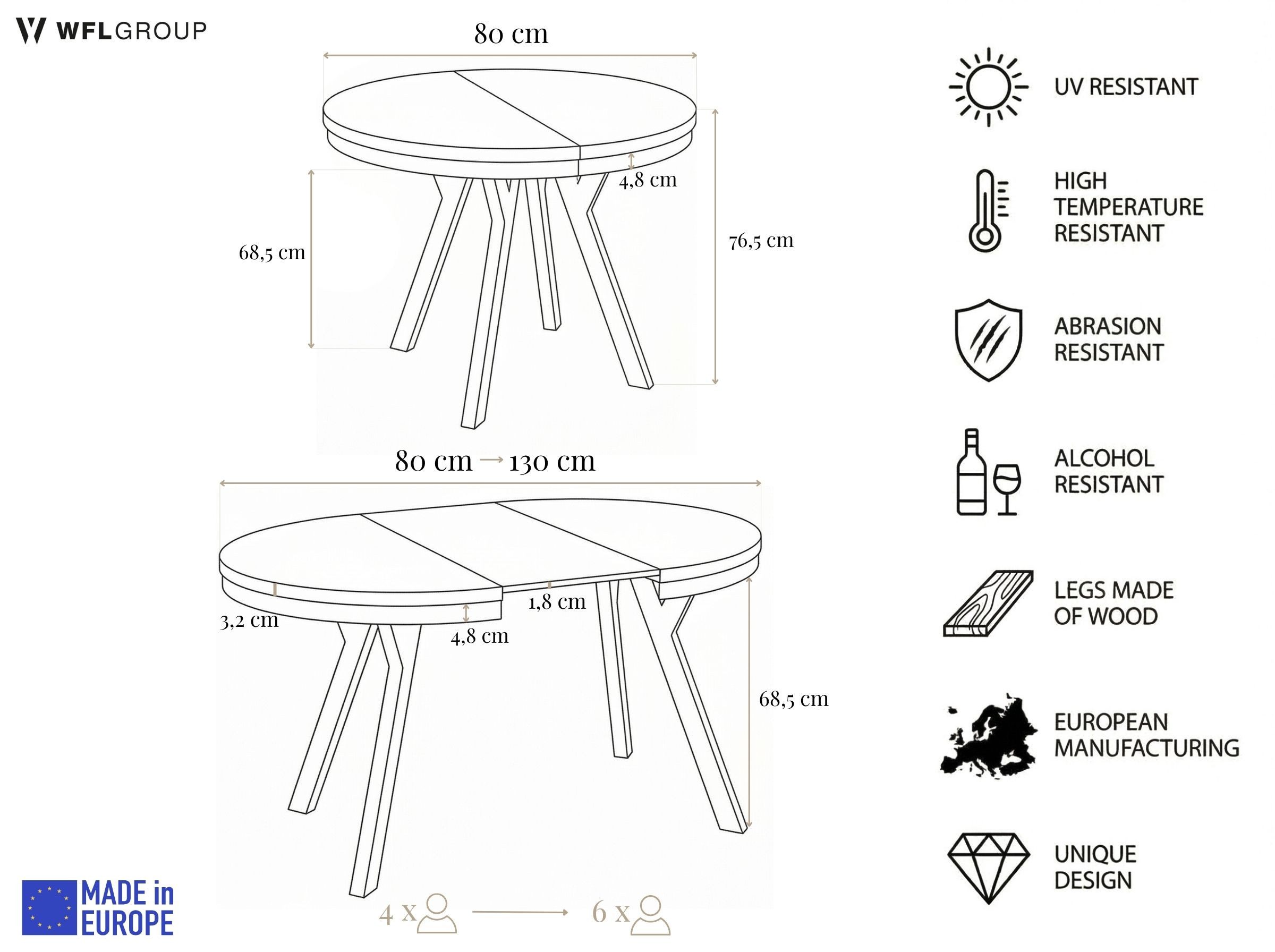 WFL GROUP Esstisch Vero ausziehbar verlängerbar rund modern mit Schwarzen Holzbeinen (MADE IN EU, XXL Groß – 90/100 cm ausziehbar auf 190/200/300 cm), platzsparender Tisch für kleine Küche, Esszimmer oder Wohnzimmer