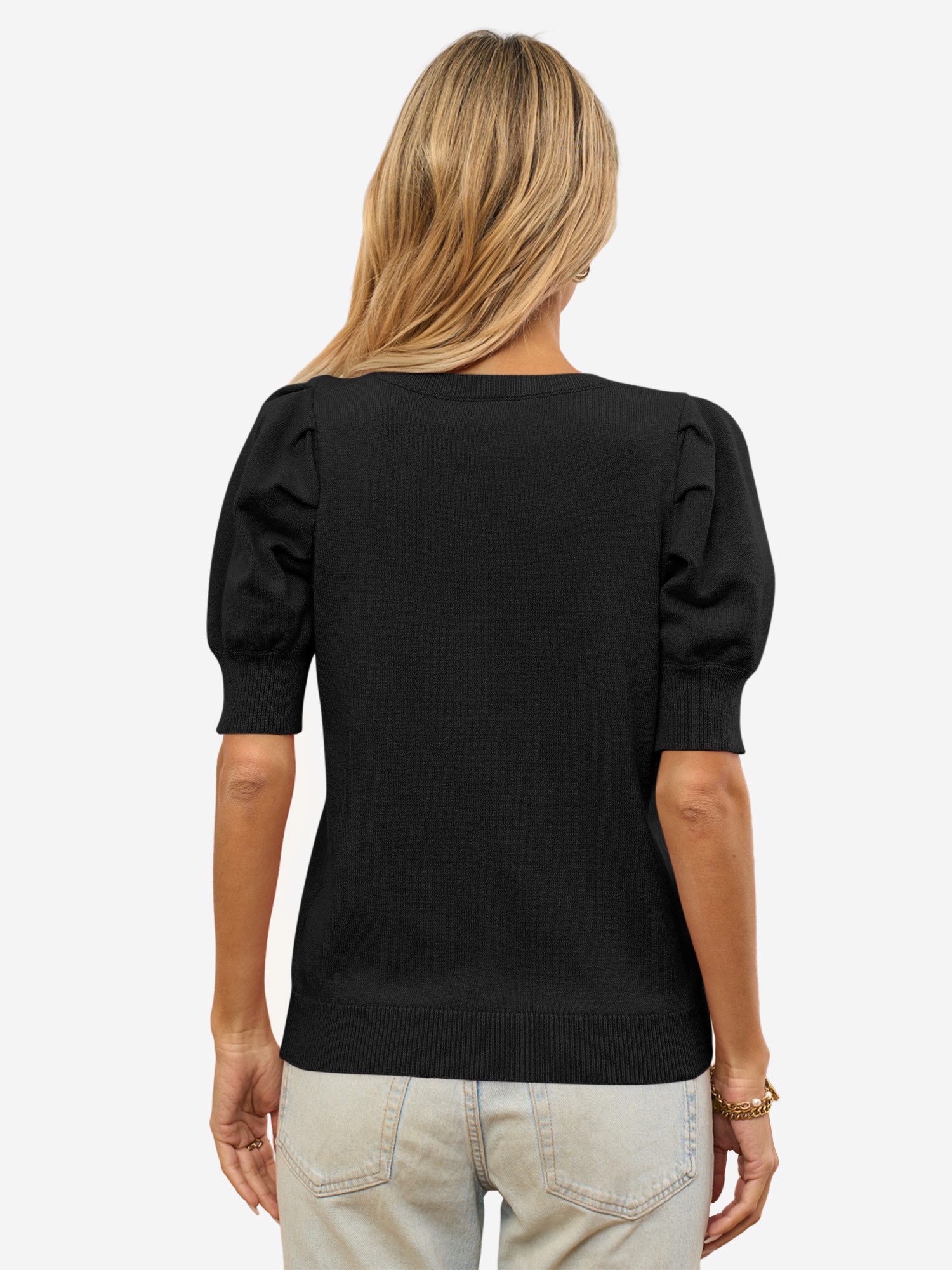 Imily Bela Stricktop Damen Halbarm Puffärmel V-Ausschnitt Top Stricken Somm günstig online kaufen