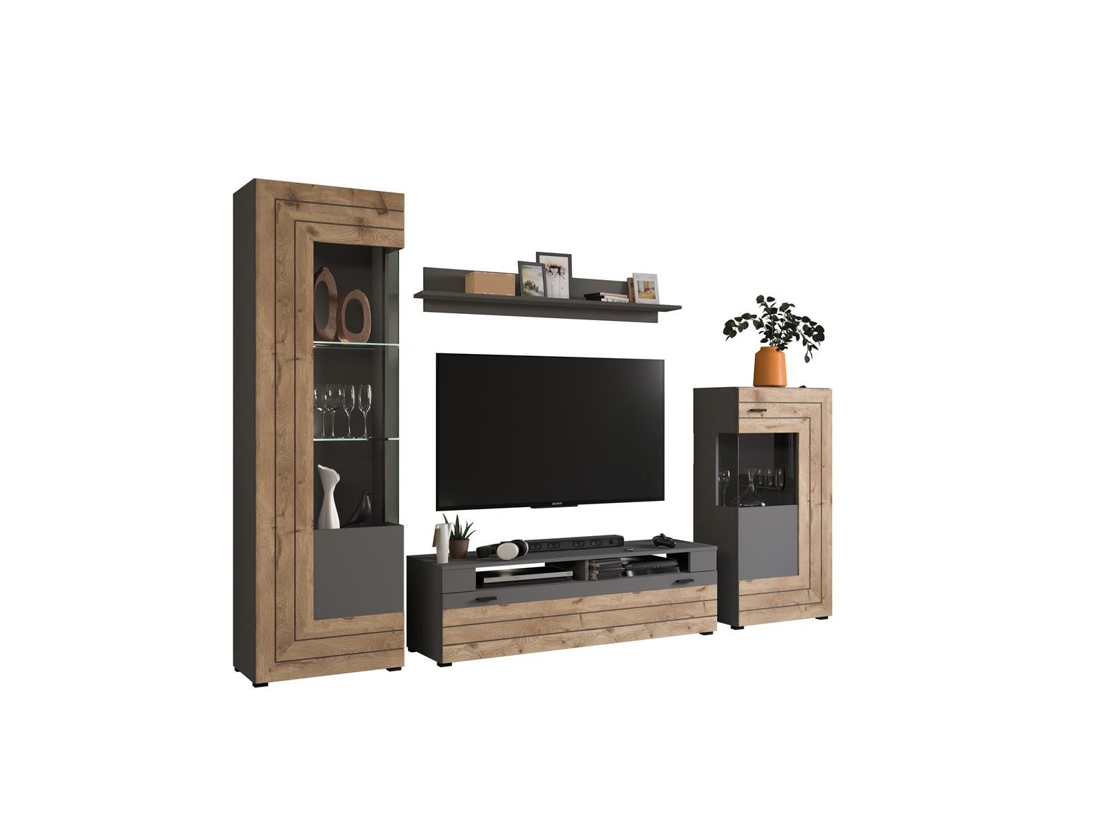 möbelvita Wohnwand Snap Wohnwandkombination B/H/T 290x194x40 in grau, (1x Vitrine 2x Glasbodenclip 1x TV Element 1x Wandboard 1x Standschr), Inkl. Glasbodenbeleuchtung