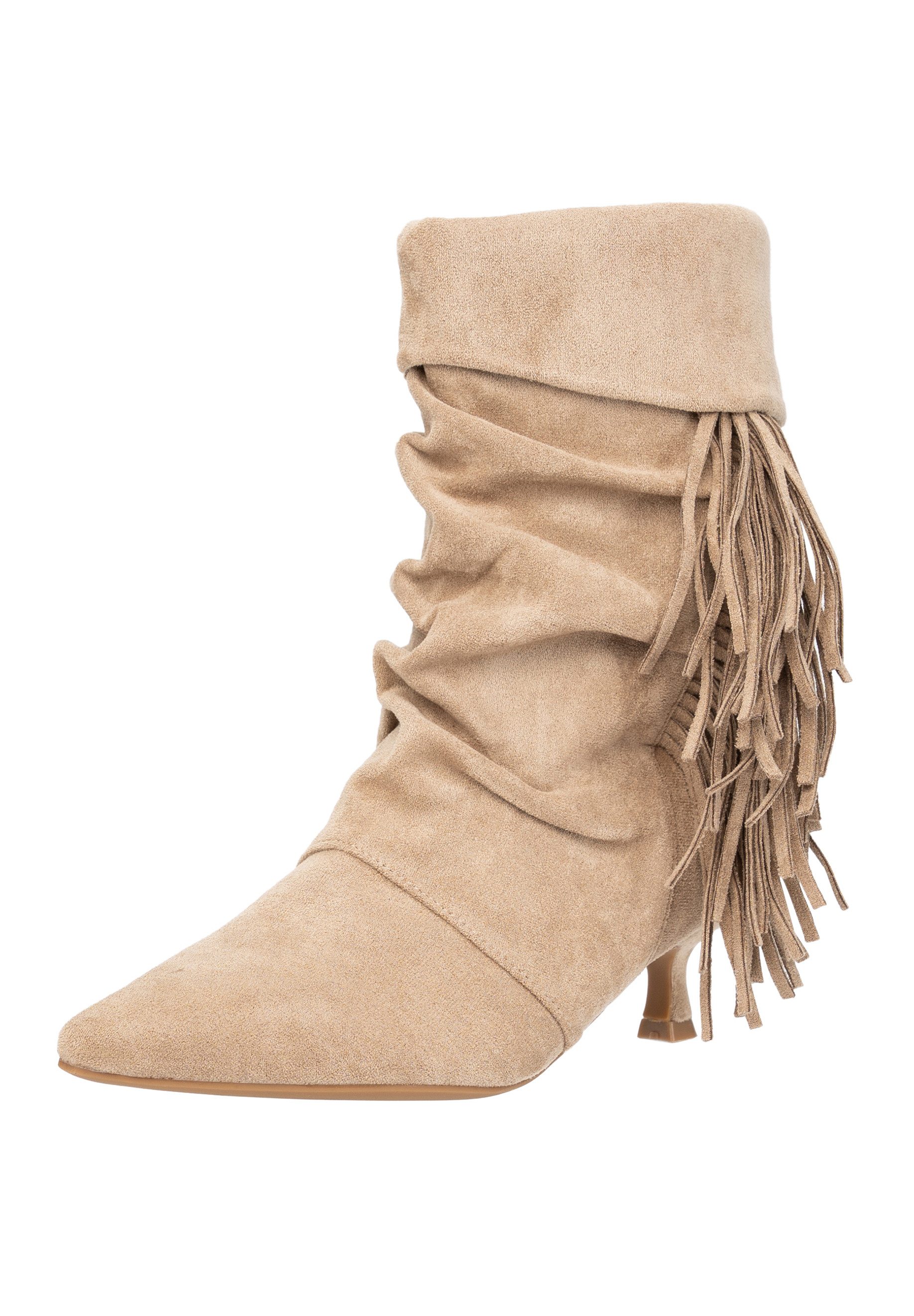 Salinyang Damen Stiefeletten mit Fransen in Wildlederoptik – Kitten Heels Stiefelette