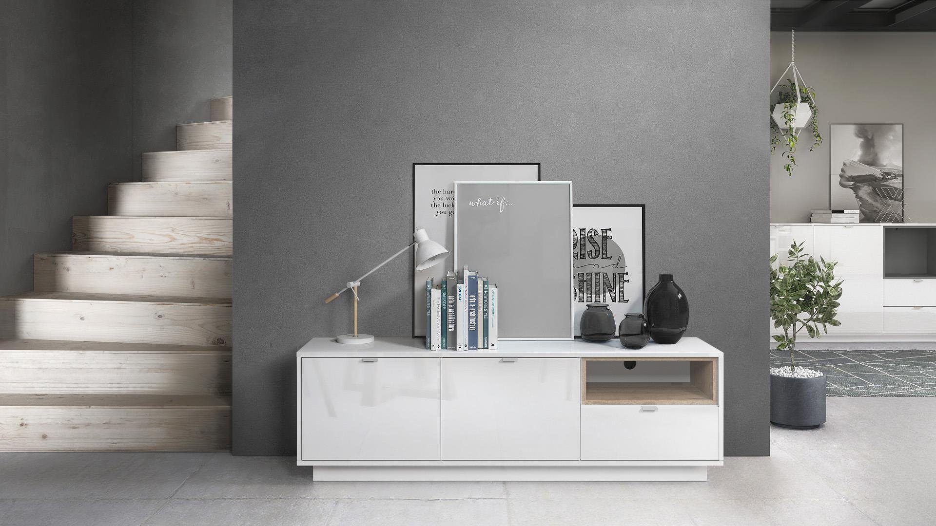 Vladon Lowboard Metro (Lowboard, mit 2 Türen, Schublade und offenem Fach), Weiß Hochglanz/Eiche Nordic inkl. LED-Beleuchtung (153 x 48 x 37 cm)