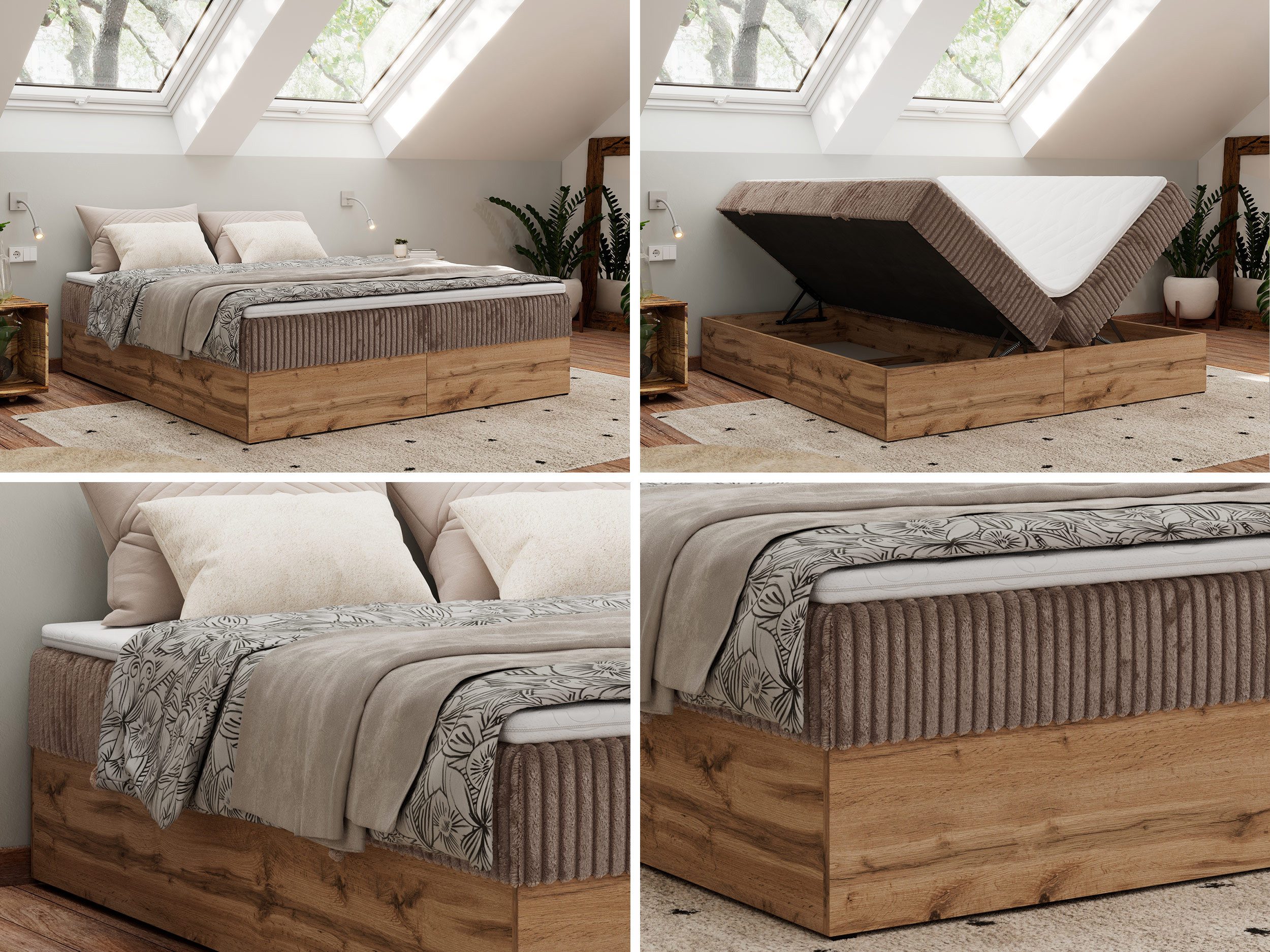 MKS MÖBEL Boxspringbett WOOD ZERO (Set, Bett, Polsterbett mit integrierten Matratzen, 2 Bettkästen, H3/H4), Topper T25 oder Visco optional, ohne Kopfteil