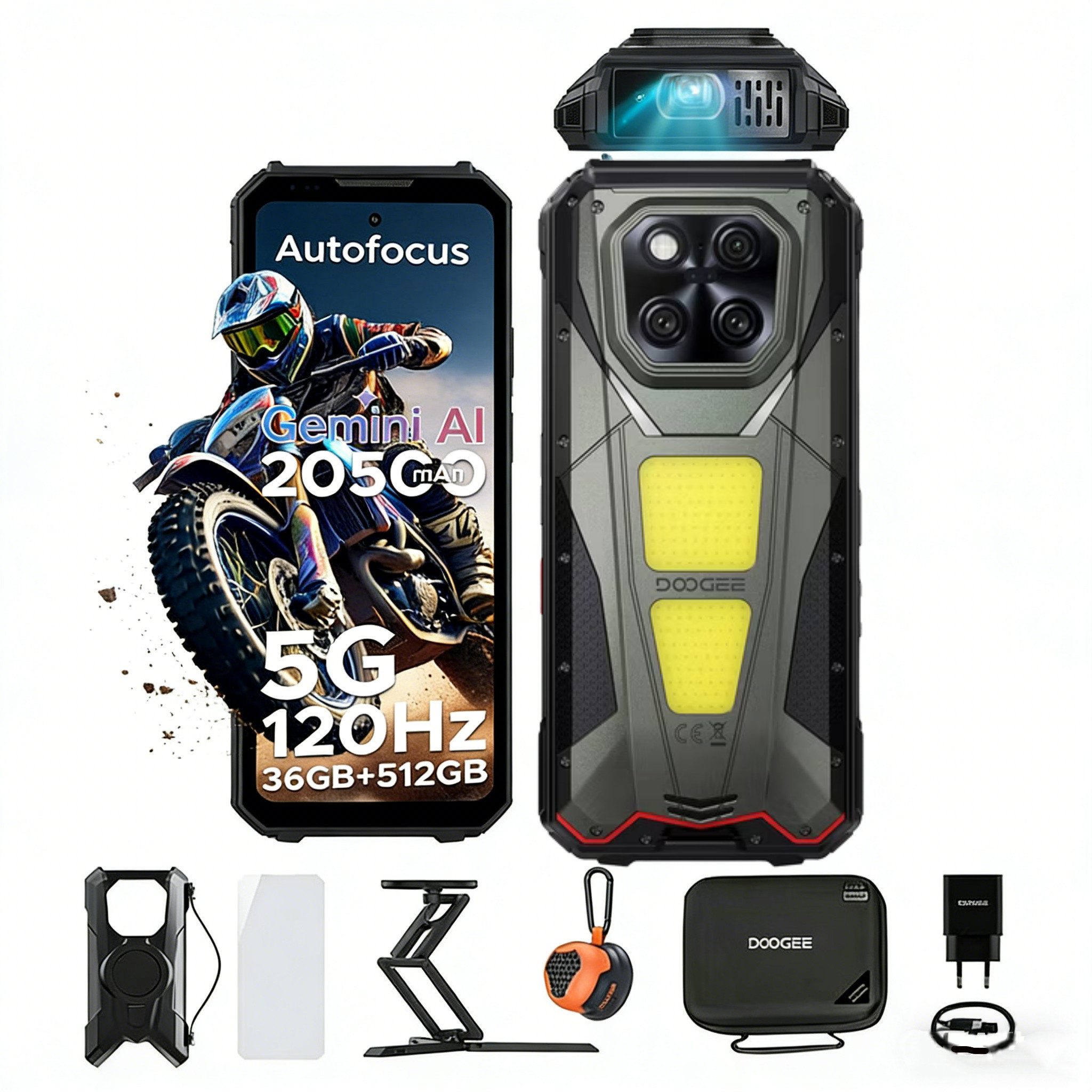 DOOGEE V MAX PLAY 5G Rugged Smartphone mit LED-Projektor & Dual-Camping-Licht Smartphone (6.78 Zoll, 512 GB Speicherplatz, 200 MP Kamera, 20500mAh Akku,16GB RAM, 512GB ROM, 200MP+32MP, Lautsprecher)