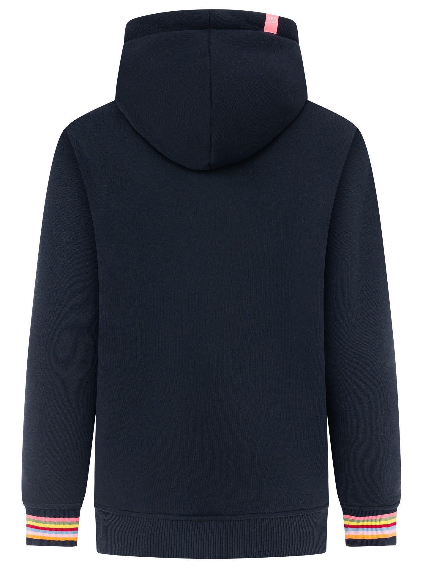 Zwillingsherz Hoodie "POSITIVE" buntes Sticklogo und gestreifte Ärmelbündchen, Kapuze, Kängurutasche – Bild 4 von 5
