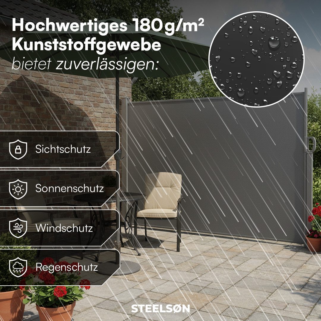 STEELSØN Seitenmarkise Zirella mit individuell einstellbarer Länge (anthrazit, 160x300 cm) Windschutz mit Griff, Sichtschutz ausziehbar, für Garten/Terrasse