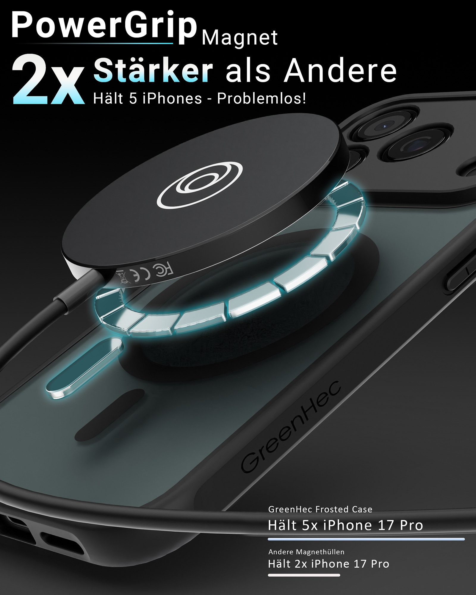 GreenHec Handyhülle Hülle + MagSafe Ladegerät iPhone 17 16 15 14 13 12 Pro Max Air, Wireless induktiv für Apple Schutzhülle Kabellos Schwarz Case
