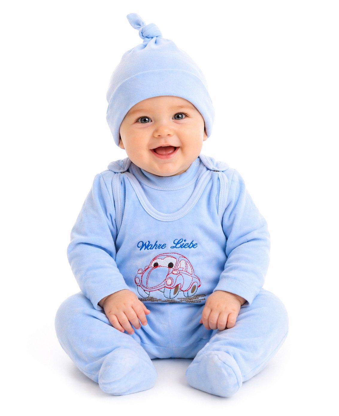 La Bortini Strampler, Jäckchen & Mütze Baby Anzug 3tlg Stramplerhose Langarmshirt Knotenmütze in Blau aus weichem Velours mit Auto, 50 56 62 68 74