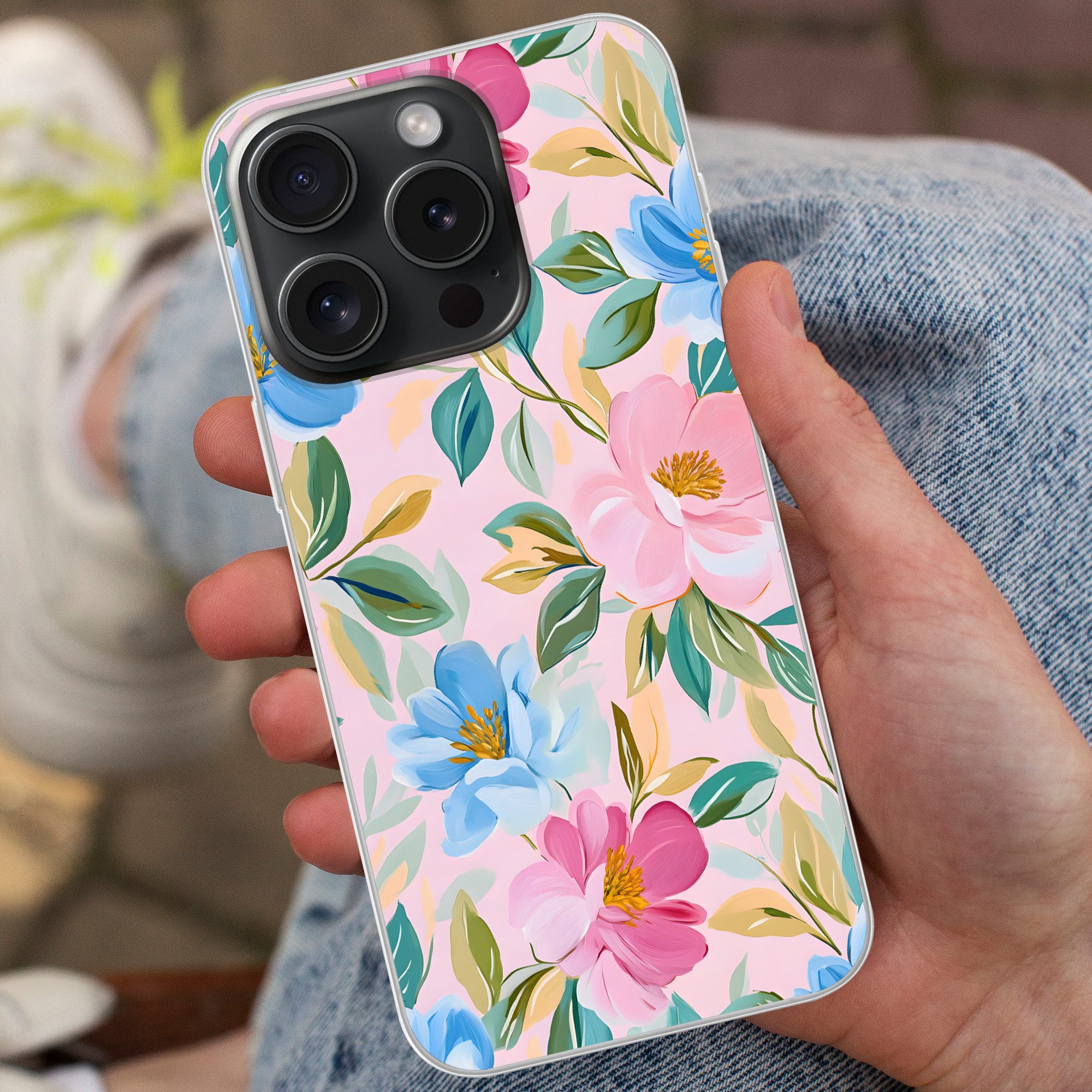 MuchoWow Handyhülle für Apple iPhone 15 Pro Blau - Rosa - Blumen, Smartphone-Bumper, Print, Handy Schutzhülle Dünn