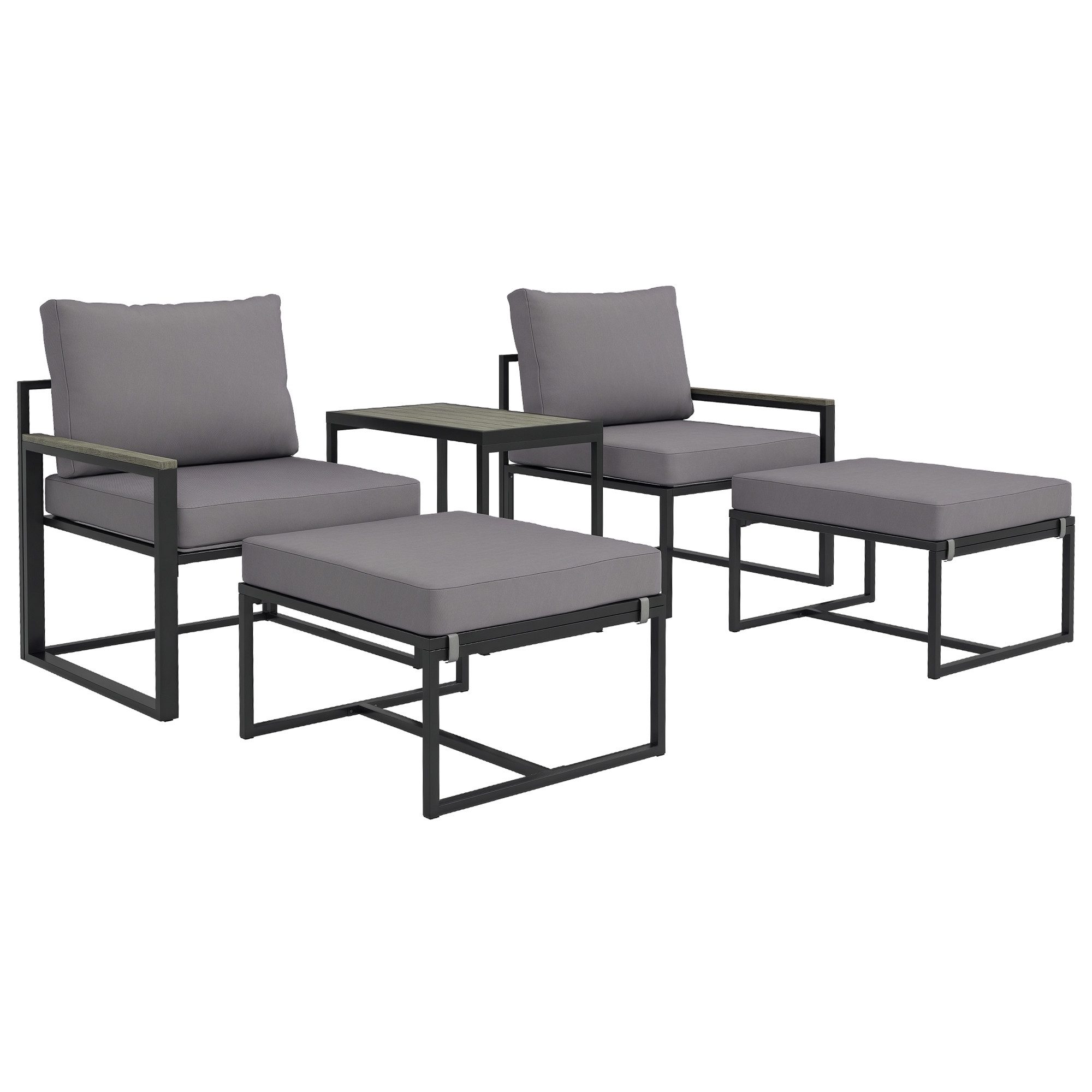 Outsunny Sitzgruppe 2 Personen, aus Stahl, mit 2 Sessel, Sitzkissen, Beistelltisch, Hocker, (Gartenmöbel-Set, 5-tlg., wetterfest Balkonmöbel-Set), Gartengarnitur für Garten, Terrasse, Balkon, Grau