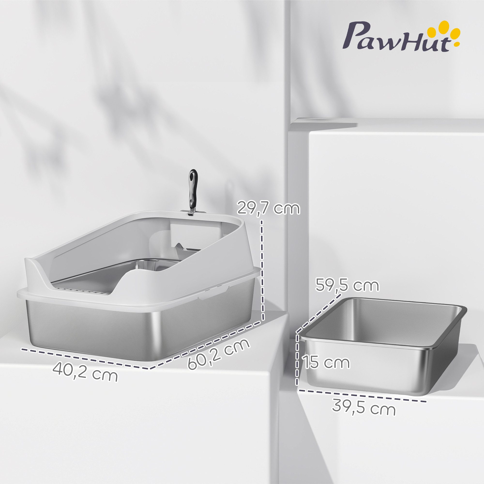 PawHut Katzentoilette Offene Katzenklo Edelstahl mit Schaufel hohem Rand, für große Katzen bis 7 kg, 60,2 x 40,2 x 29,7 cm, Grau