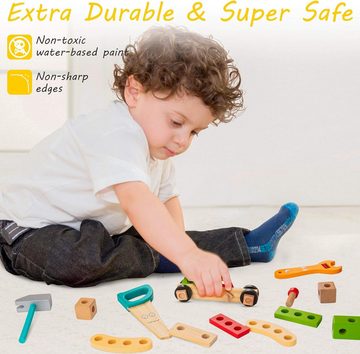 Zeitlosigkeit Lernspielzeug Werkzeugkoffer für Kinder, Holz-Spielzeugset mit Werkzeugen (34-St), Inklusive DIY-Aufklebern.Montessori Erziehung,STEM Baukasten Spielzeug
