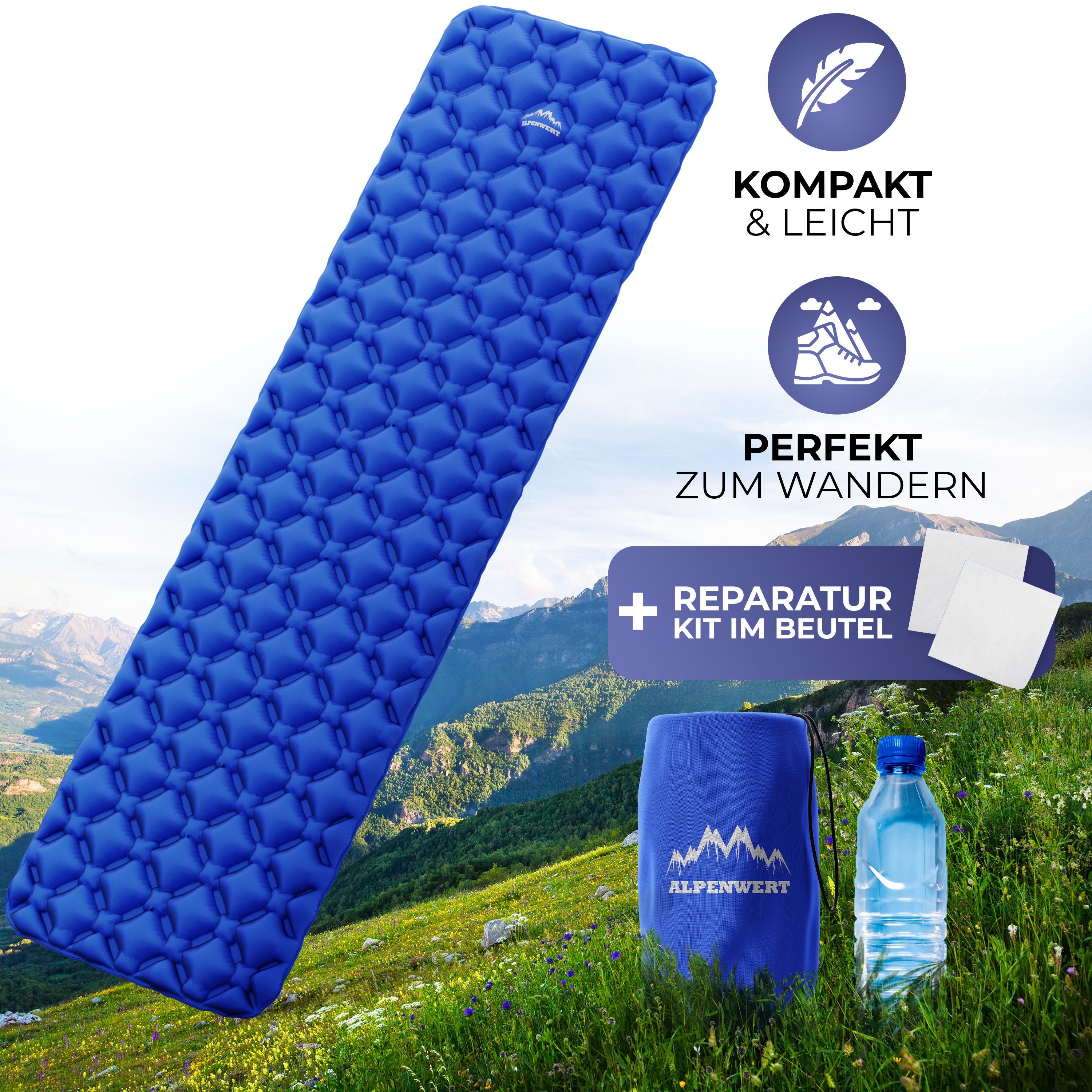 Kit Camping Outdoor Leicht, Alpenwert Kleines Isomatte Ultra Sleeping GRATIS Blau Packmaß, Pad, Reparatur Aufblasbar (Set), Schlafmatte