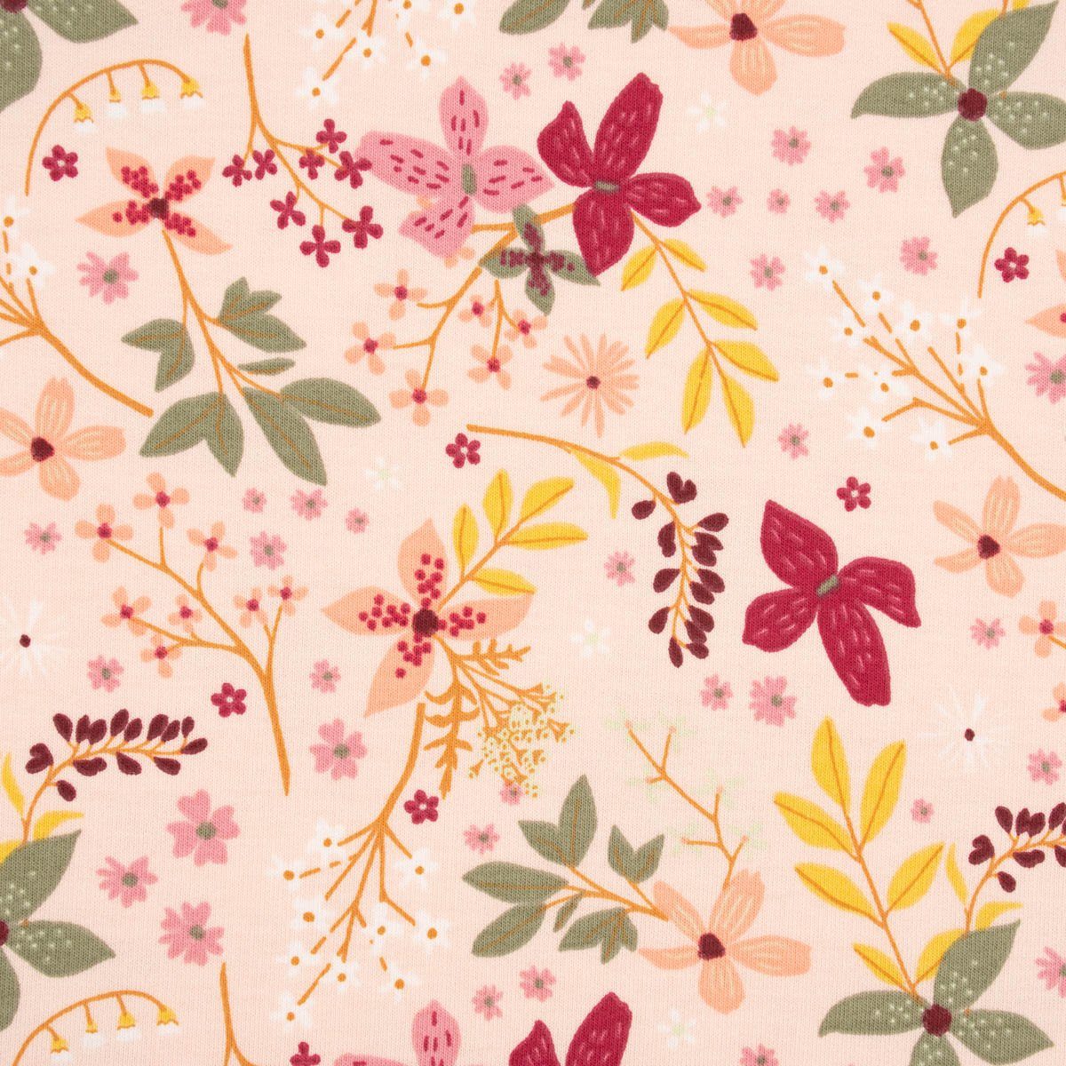 Stoff French Terry Sommersweat Blumen Blätter Zweige rosa bunt 1,45m Breite