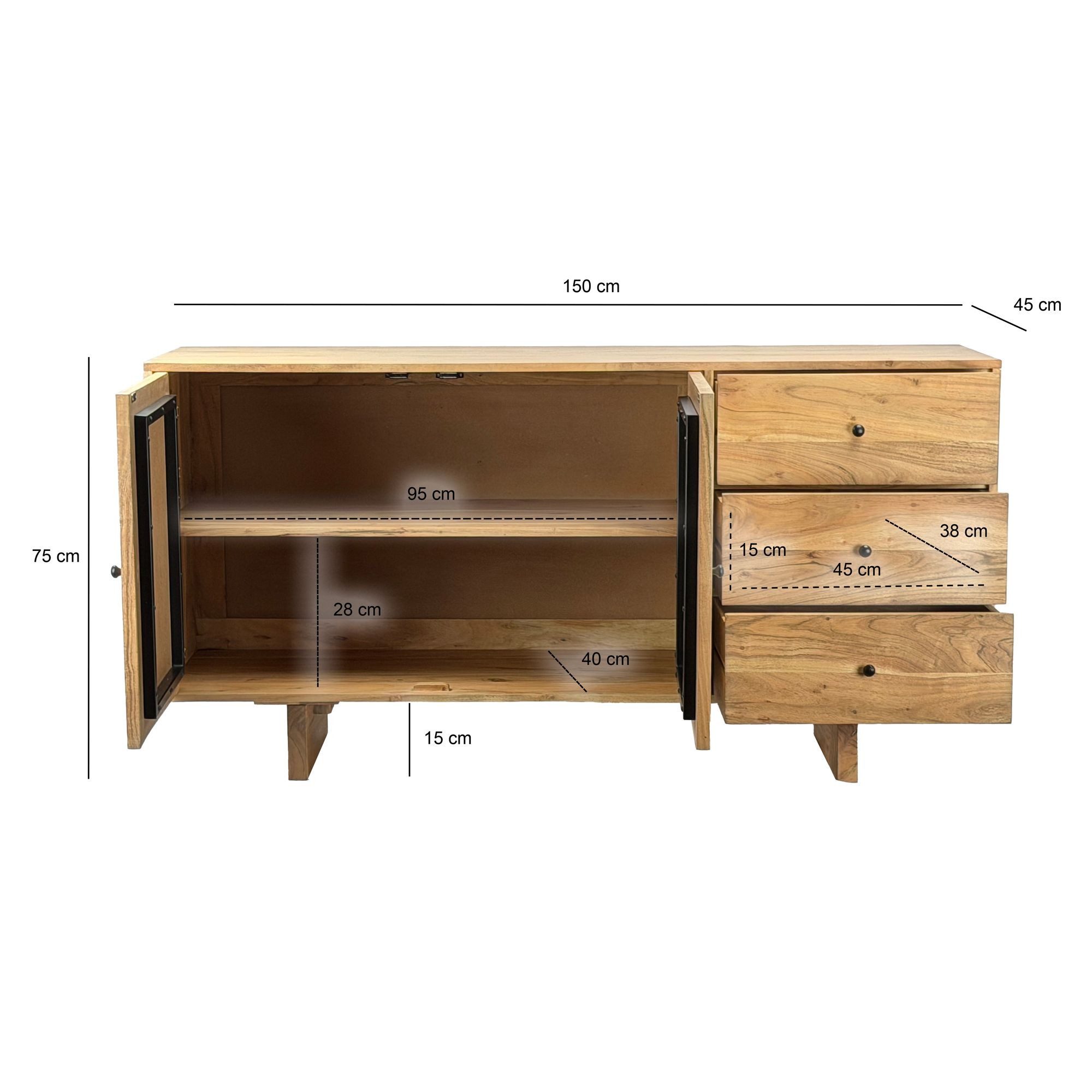 FINEBUY Sideboard FB113645 Sideboard Akazie Massivholz 150cm Massive Kommode Echtholz (Geometrische Front aus massivem Akazienholz), Viel Stauraum für Wohn- und Essbereich