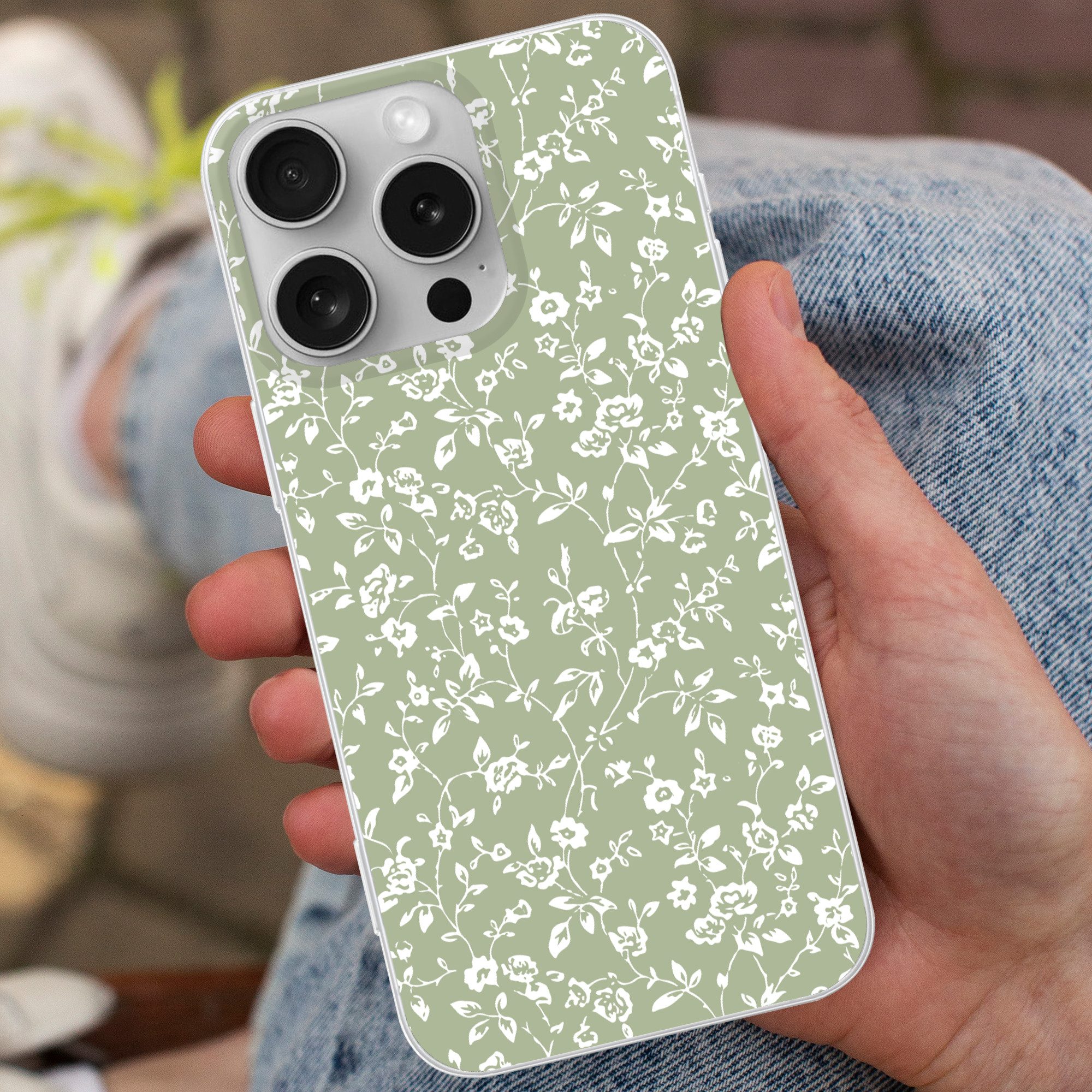 MuchoWow Handyhülle für Apple iPhone 16 Pro Blumen - Druck - Grün - Weiß, Smartphone-Bumper, Print, Handy Schutzhülle Dünn