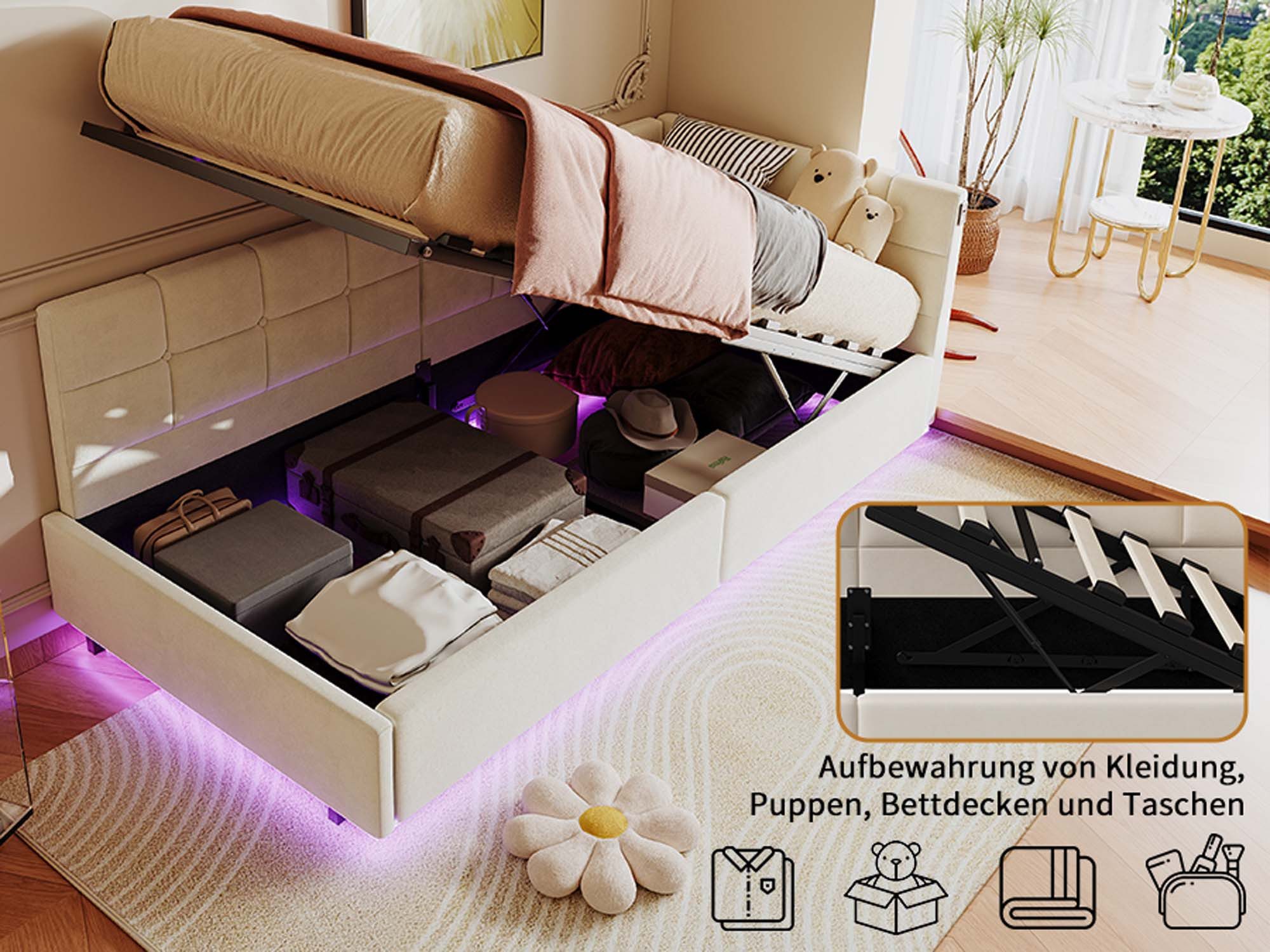 zebery Polsterbett Daybett Tagesbett LED Einzelbett 90x200cm (Hydraulisch hebbarer Stauraumbett), Jugendbett mit USB & Type-C,Samt,Beige – Bild 3 von 5