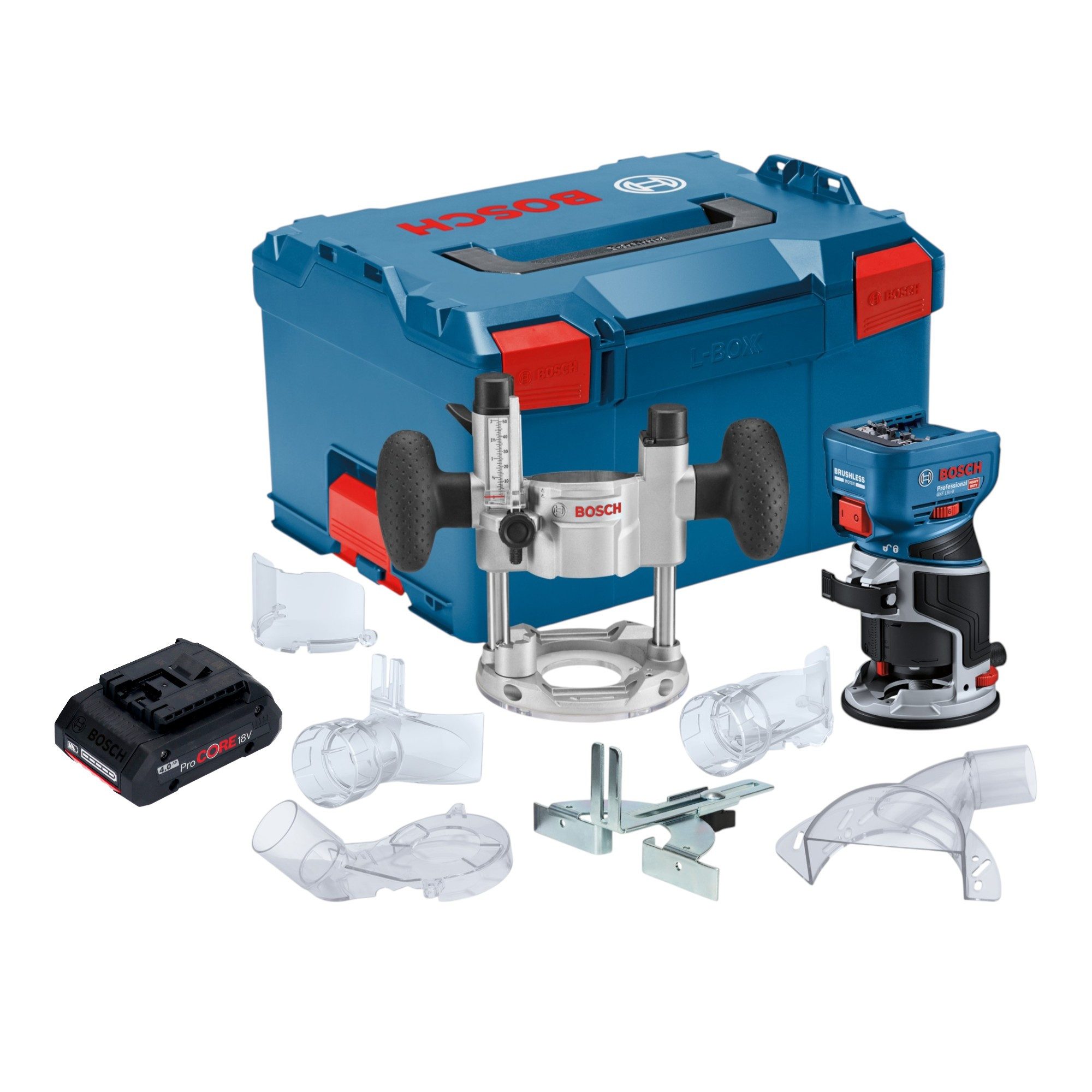 Bosch Professional Oberfräse GKF 18V-8 Professional 18 V 8,0 mm Brushless + 1x Akku 4,0 Ah + L-Boxx