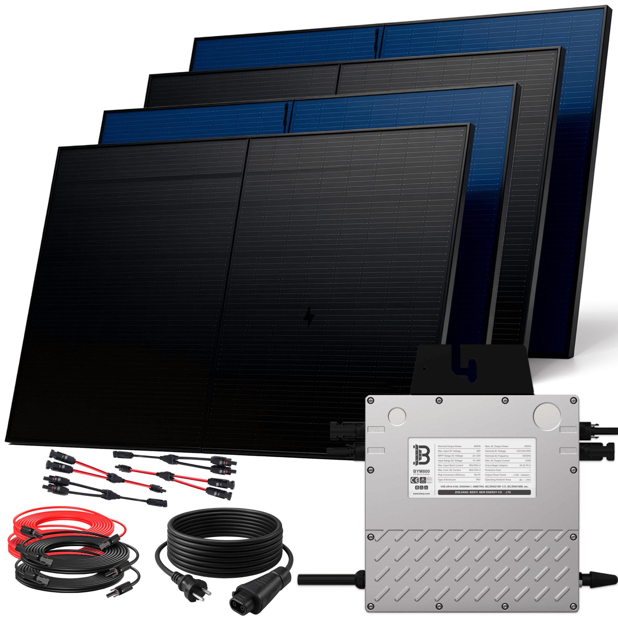 SUNNIVA Balkonkraftwerk 2000W BIFAZIAL FULLBLACK komplett Steckdose, (BENY 800W Wechselrichter, PV Solaranlage, 4x 500W Glas-Glas Solarmodule, inkl. 5m Kabel, WIFI, Komplettset)