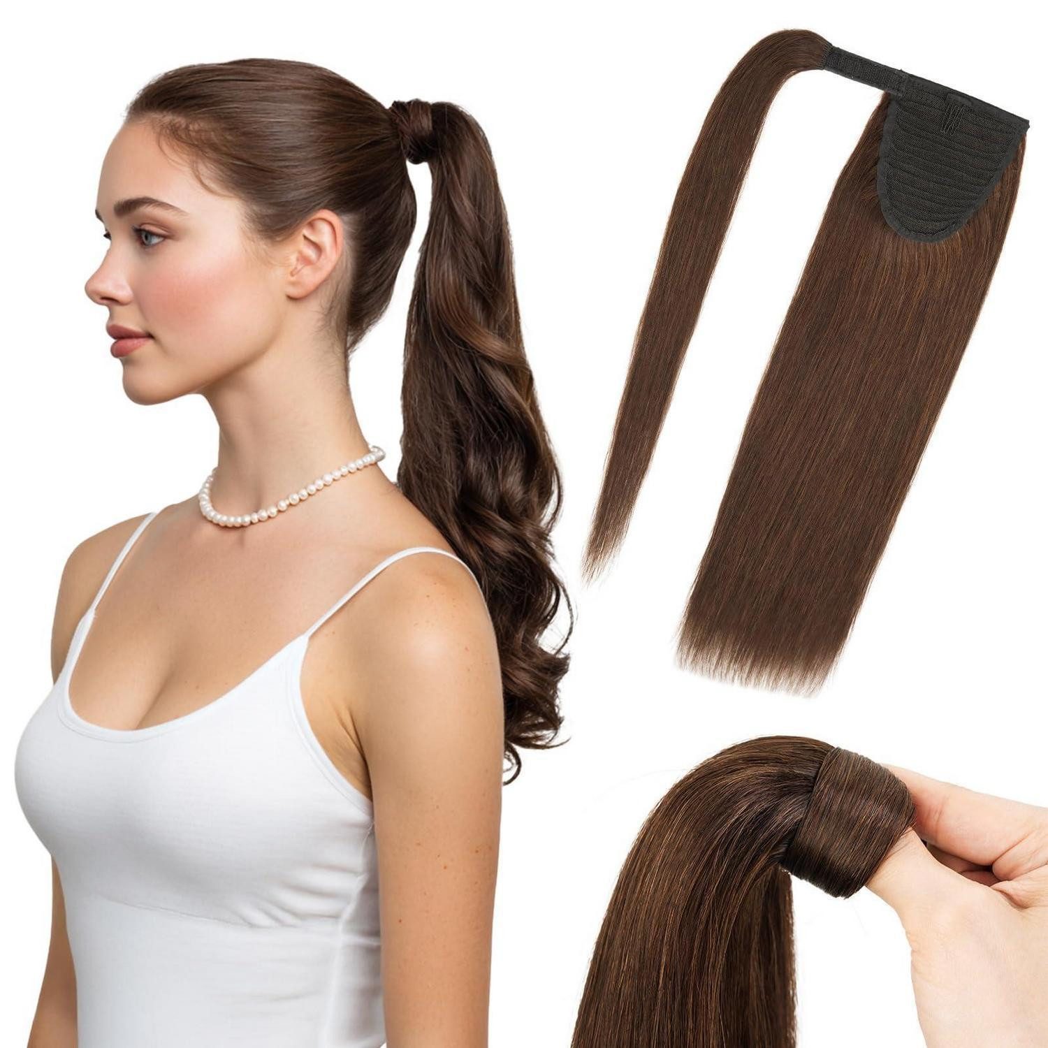 LuxusKollektion Echthaar-Extension Pferdeschwanz Haarverlängerung Echthaar Zopf 55 cm-95g 02 Dunkel Braun
