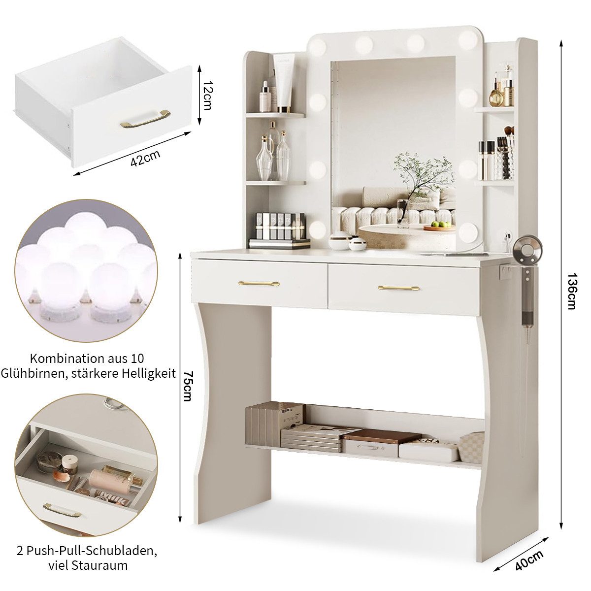 Mihtrov Schminktisch mit Spiegel und LED-Beleuchtung günstig online kaufen