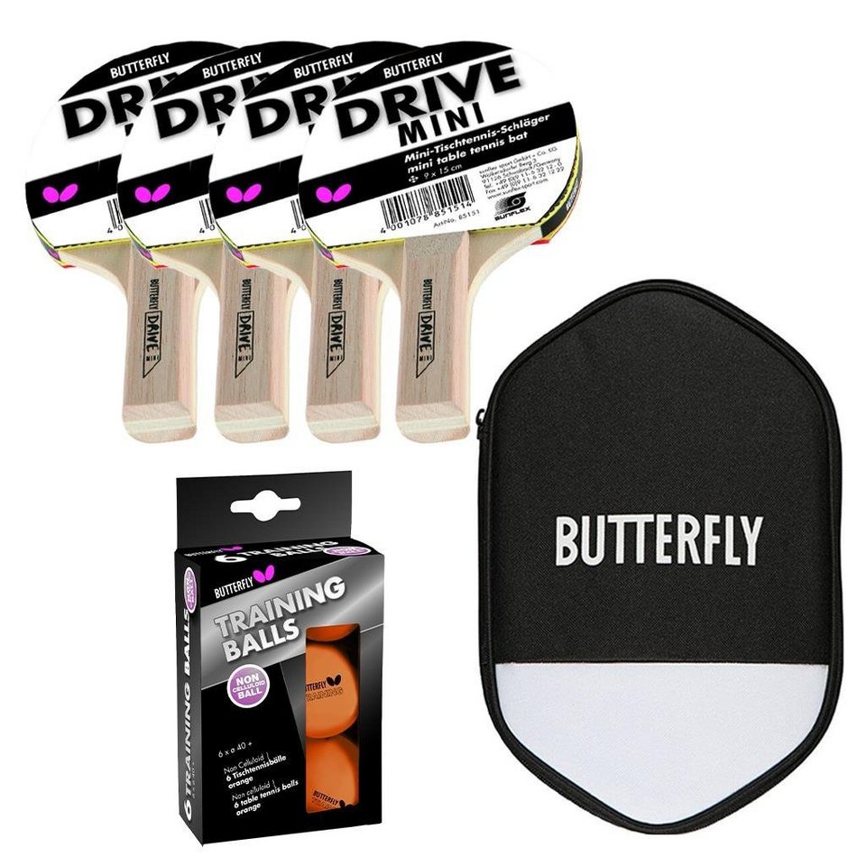 Butterfly Tischtennisschläger 4x Drive Mini + 1x Hülle + 6x Bälle, Tischtennis Schläger Set Tischtennisset Table Tennis Bat Racket