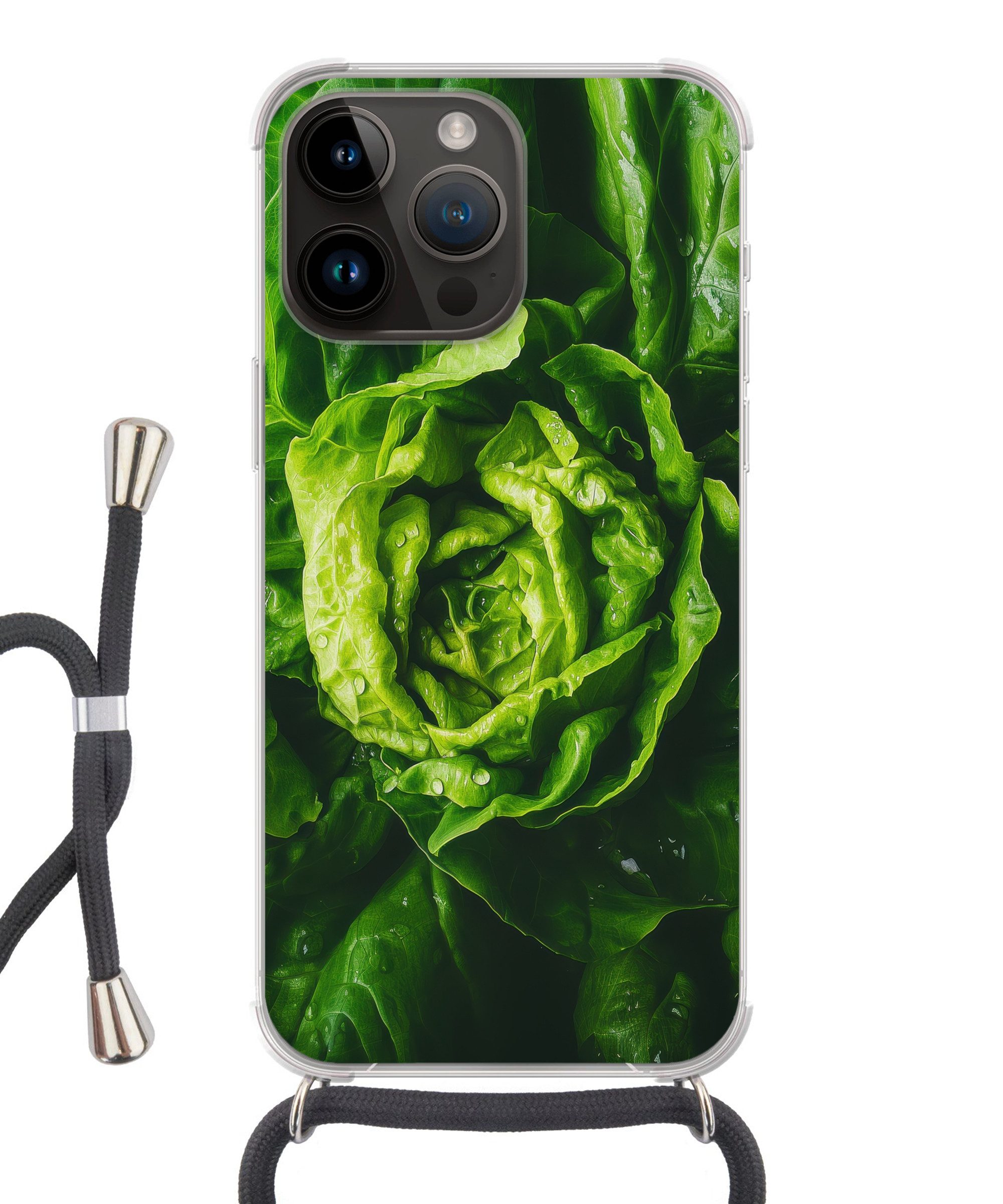 MuchoWow Handyhülle für Apple iPhone 14 Pro Gemüse - Kopfsalat - Grün, Tragbare Handyhüllen mit Kette zum umhängen, Handykette Handyband