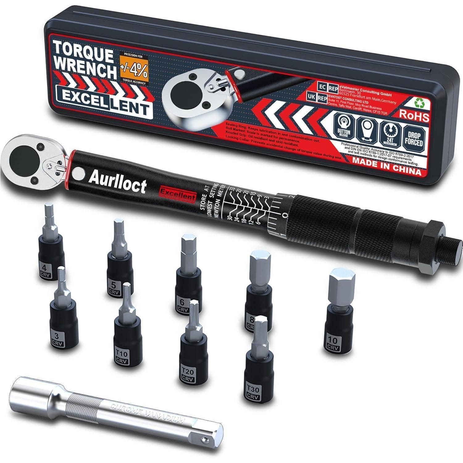 LuxusKollektion Drehmomentschlüssel Drehmomentschlüssel Fahrrad 3-33Nm 1/4" 11tlg Set