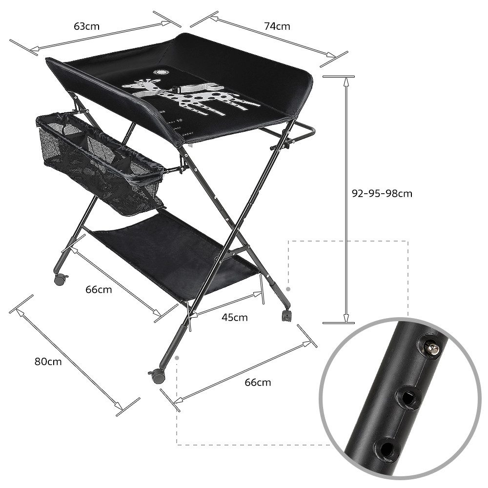 JEOBEST Wickeltisch Wickelauflage Mulde Kommode Unterlage Wickeln Baby Kind (KLAPPBAR), (1-tlg), Höhenverstellbar, Wasserdichte, Staufach, Mit Bremse