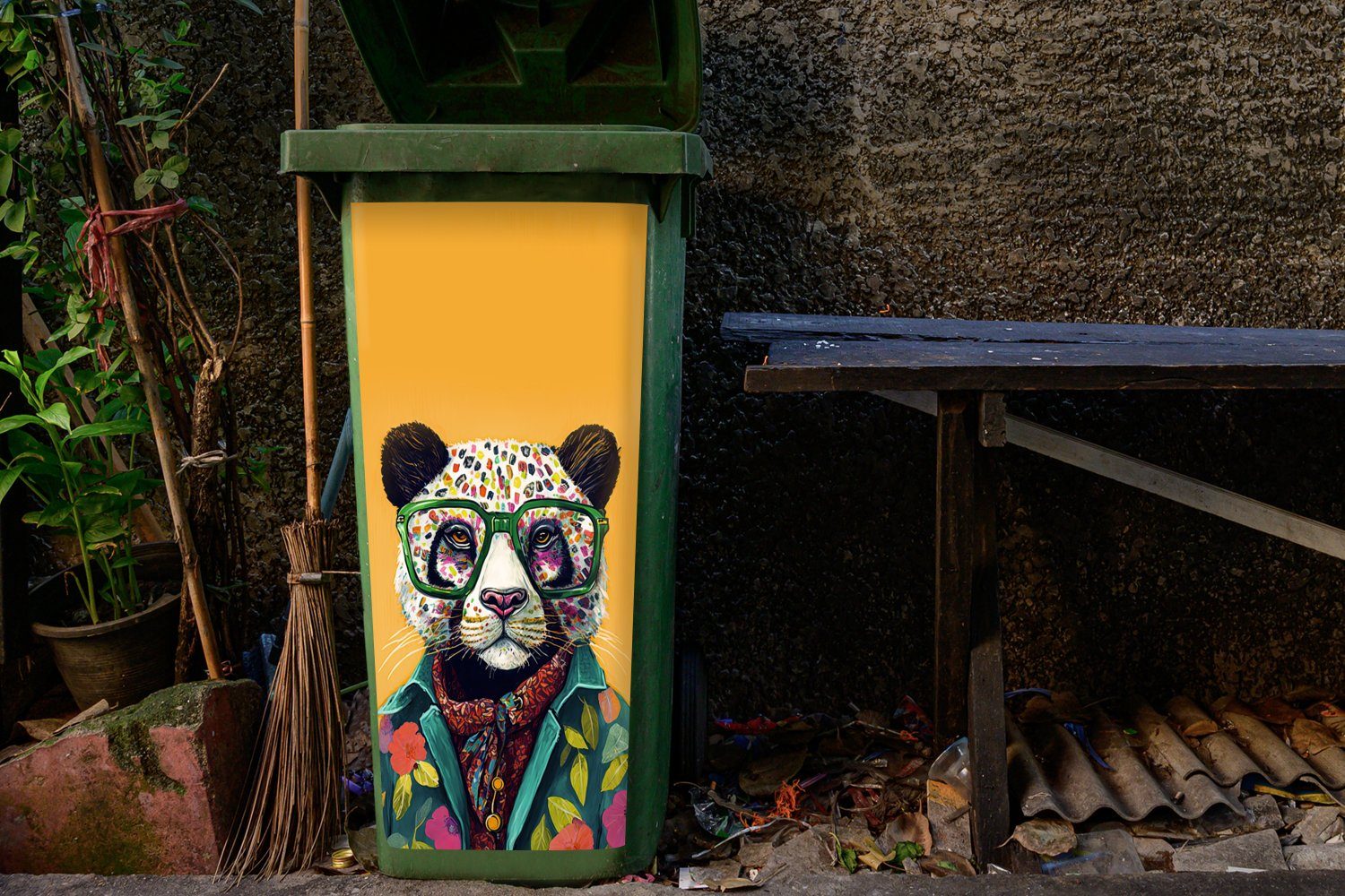 MuchoWow Wandsticker Abfalbehälter Mülleimer-aufkleber, - St), Mülltonne, (1 Hippie - Panda Brille Sticker, Container
