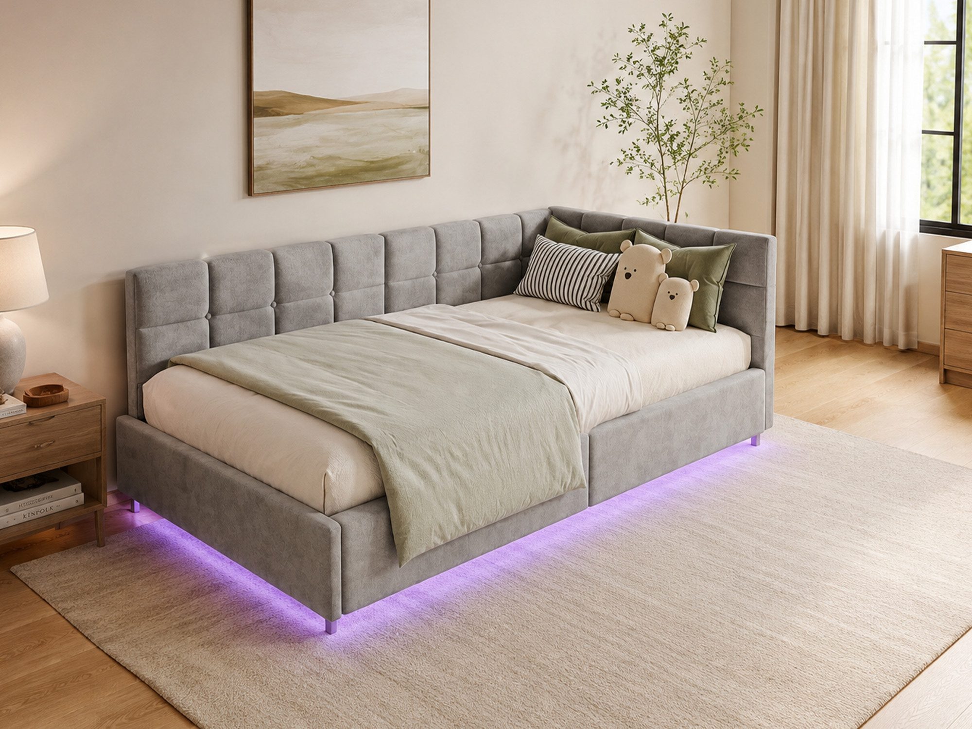 Simurq Einzelbett Einzelbett mit Stauraum, Schlafsofa mit gepolsterter Rückenlehne (Bett mit Bettkasten), Schlafsofa mit Gasdruckfeder, USB & Type-C, RGB-Leuchtband