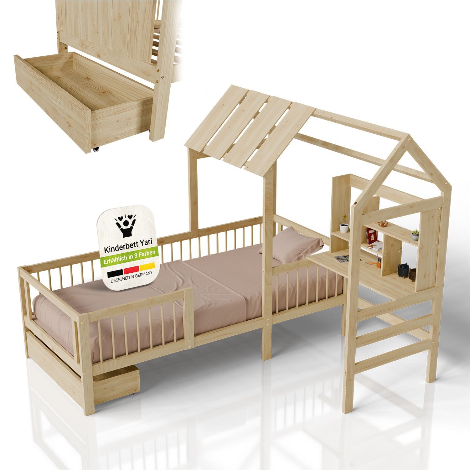 Juskys Kinderbett Yari, 90x200 cm, Hausoptik, Schreibtisch, 3 - 10 Jahre, Holz
