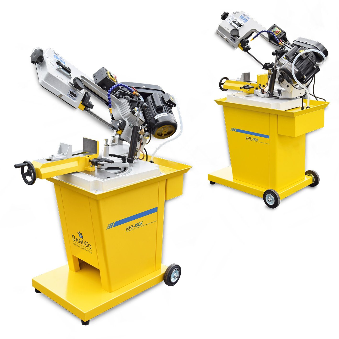 BAMATO Metallbandsäge BMS-150K Metallsäge 400V Bandsäge 128mm Schnittleistung Kühlung, 1-St., 3 Geschwindigkeiten, Fahrwerk, -45° bis +60° schwenkbar